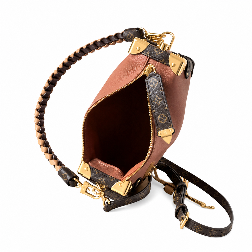 Louis Vuitton Side Trunk MM — Cognac Calfskin, Braided Top Handle, Monogram Canvas Trim & Dual Push-Lock