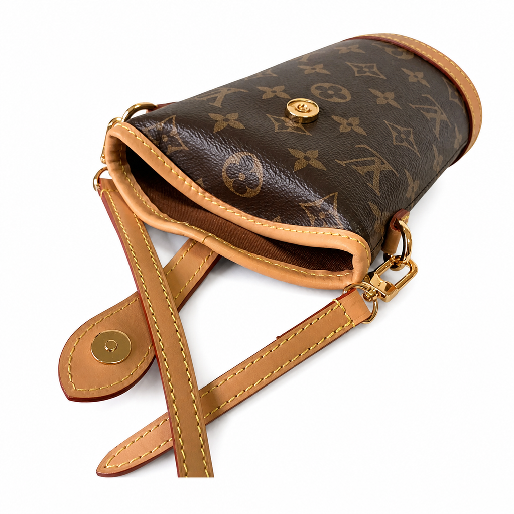 Louis Vuitton Mini Cylinder — Monogram Canvas, Vachetta Top Flap & Gold Clasp