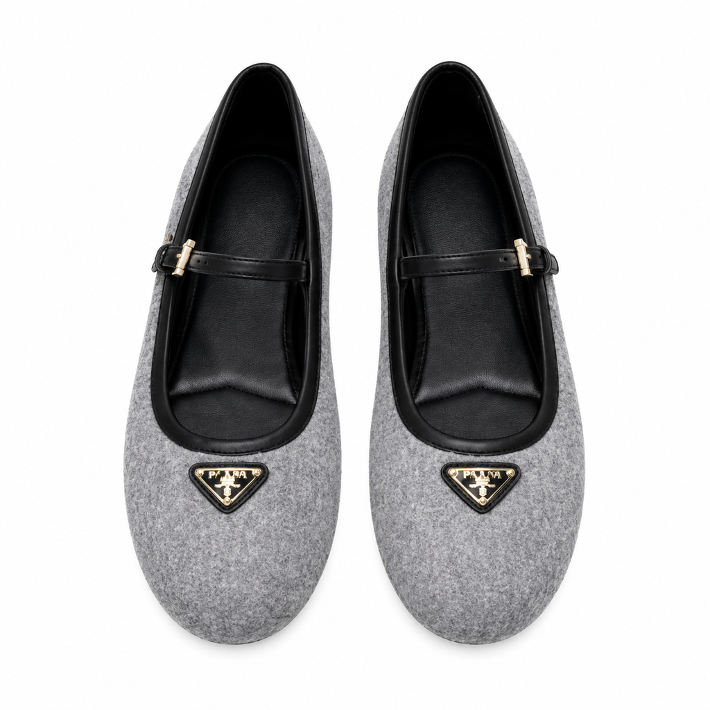 Prada Grey Textured Mary Jane Ballet Flats