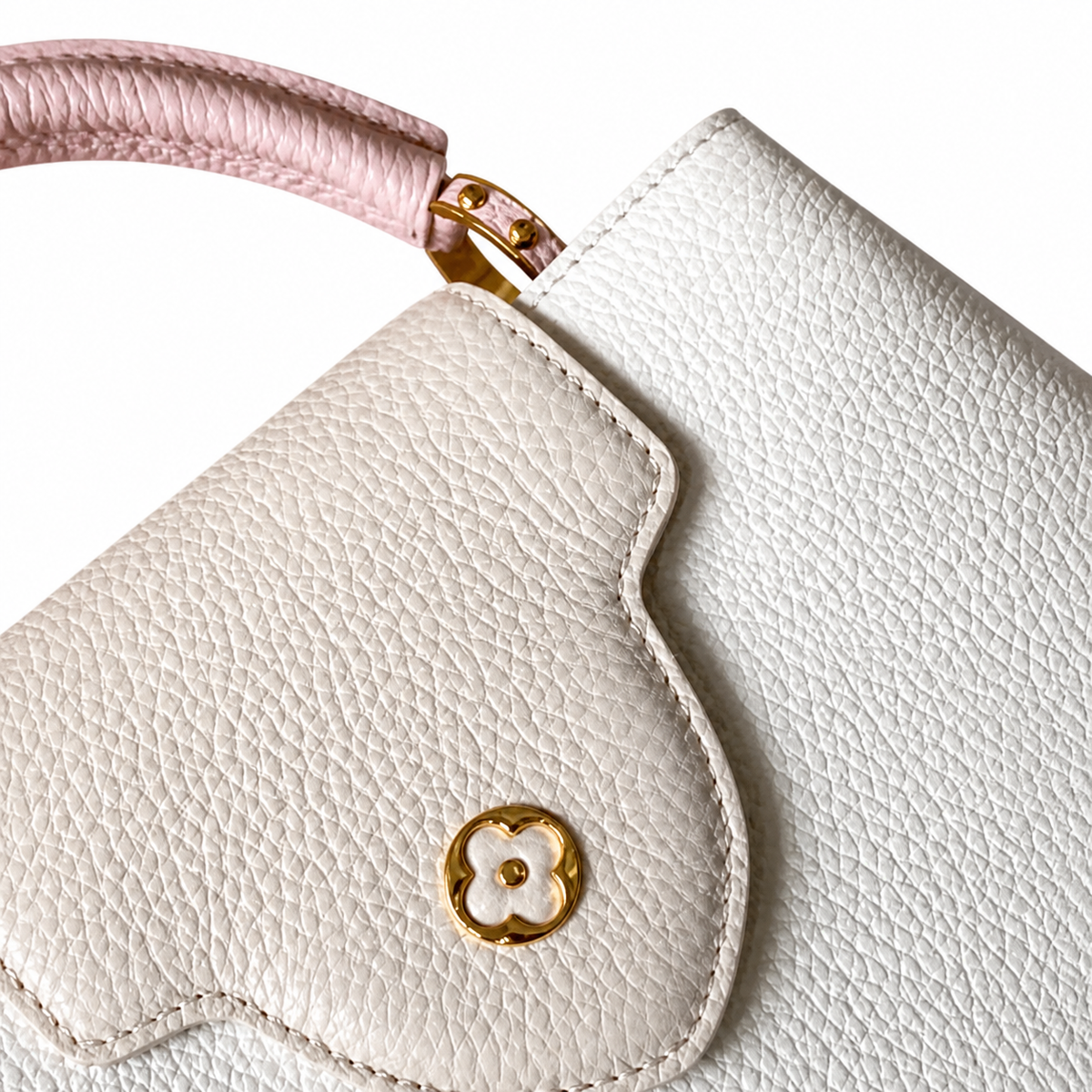 Louis Vuitton Capucines Mini — White Floral Embossed, Blush Pink Handle & Pink-Woven Chain
