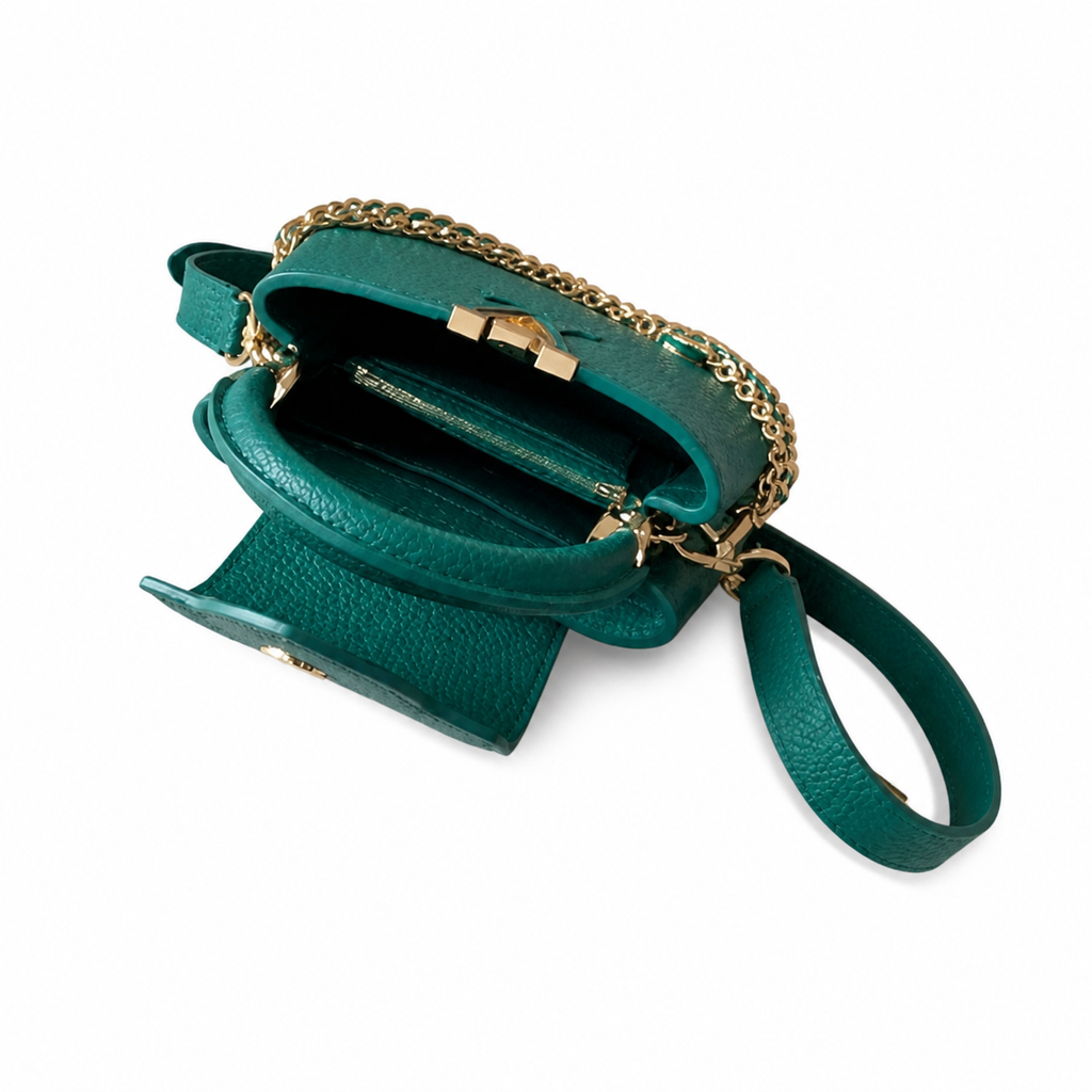 Louis Vuitton Capucines Mini — Taurillon Leather in Vert Émeraude with Triple Gold Chain & Flower Charm