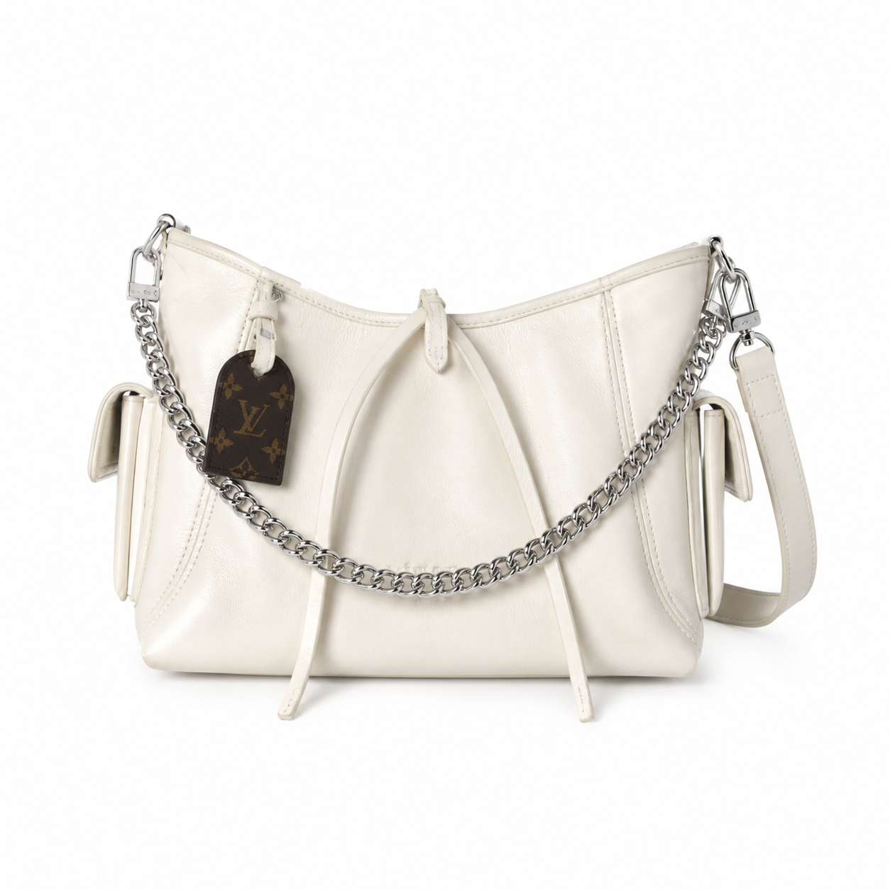 Louis Vuitton Large Shoulder Bag — Blanc Ivoire Smooth Calfskin, Silver Chain, Dome Stud Feet & Monogram Tag