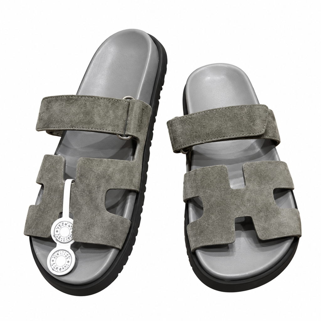 Hermès Grey Textured Leather H-Cutout Slides