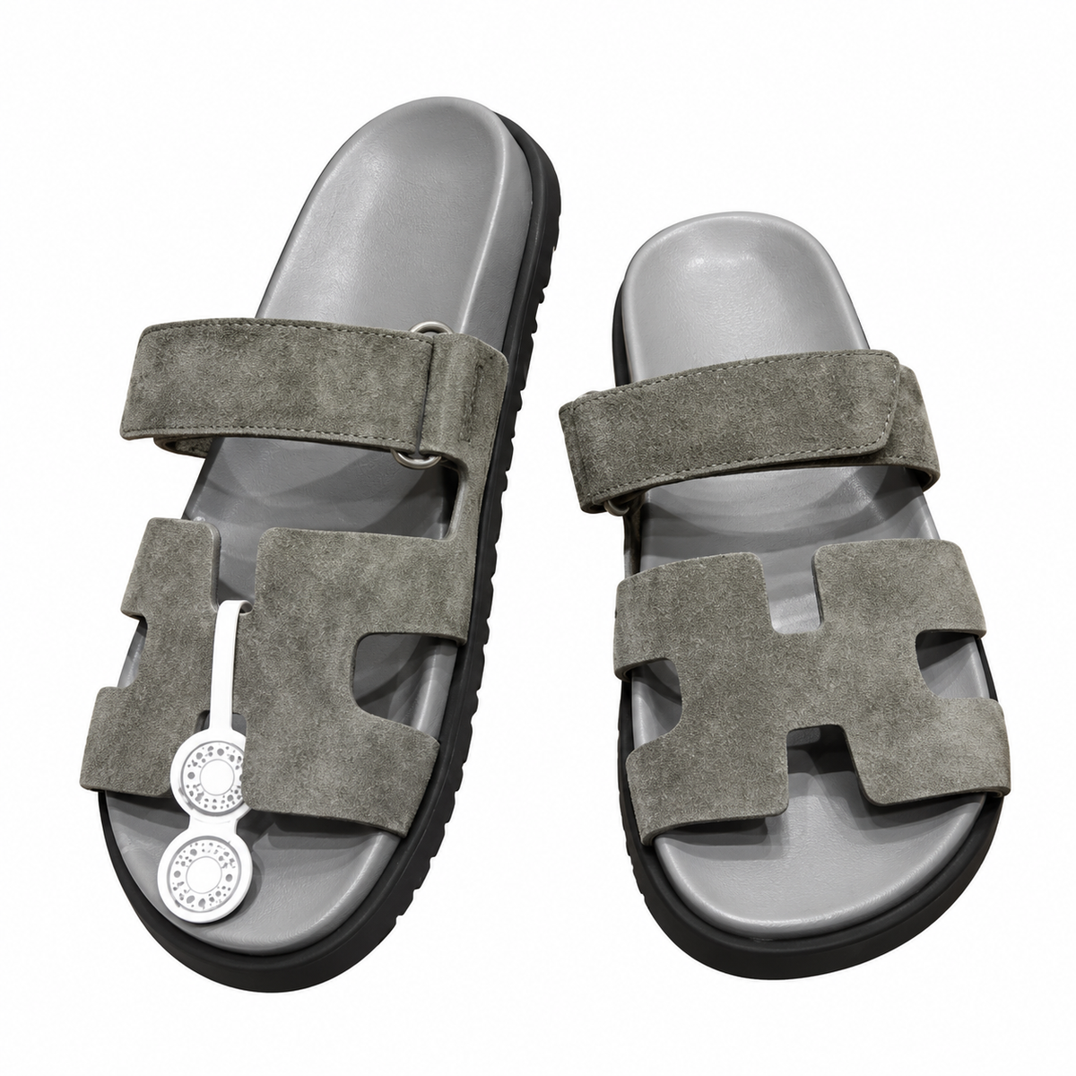 Hermès Grey Textured Leather H-Cutout Slides