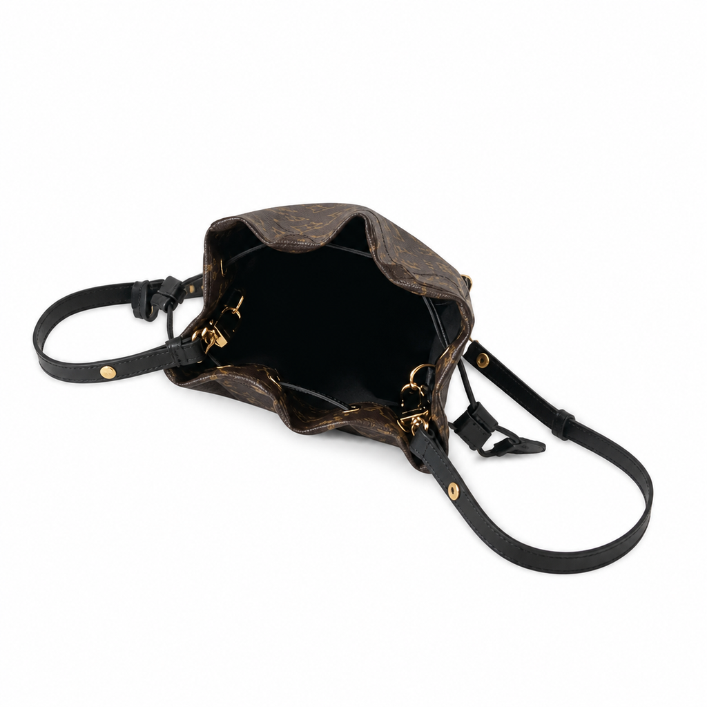 Louis Vuitton Nano Noé — Monogram Canvas, All-Over Gold Studs, Wide Black Leather Strap & Corner Guards