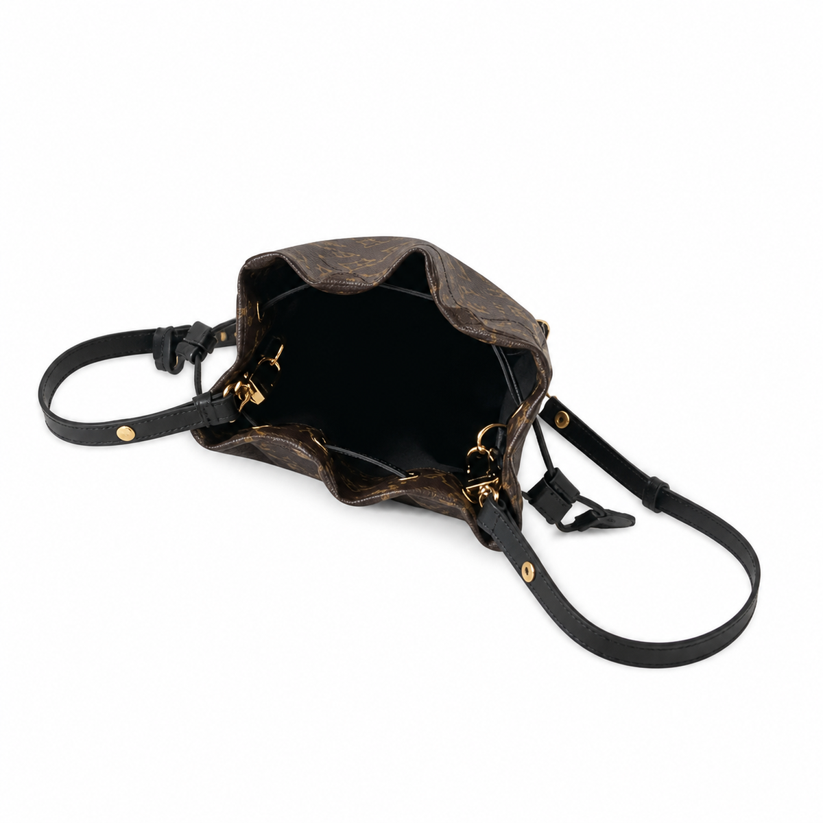 Louis Vuitton Nano Noé — Monogram Canvas, All-Over Gold Studs, Wide Black Leather Strap & Corner Guards