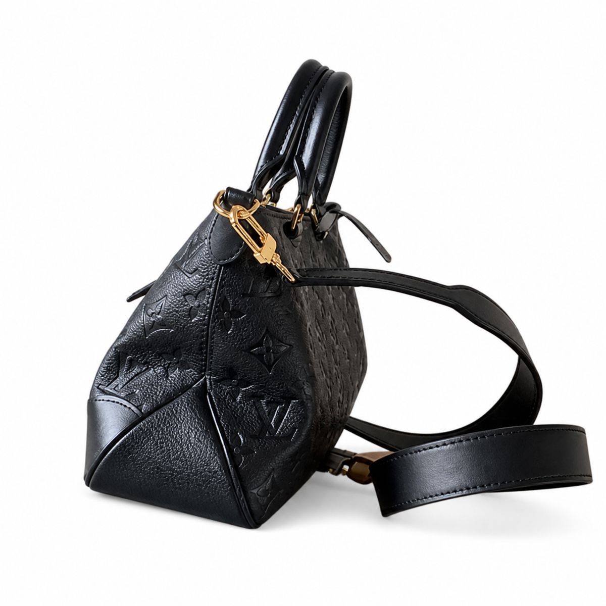 Louis Vuitton Structured Top Handle — Black Empreinte, Double Handles, Gold D-Ring & Carabiner Crossbody Strap
