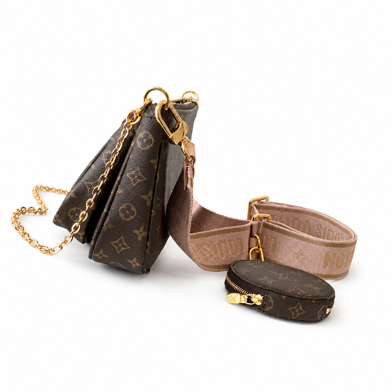 Louis Vuitton Pochette Accessoires — Monogram Canvas with Rose Pink Logo Strap