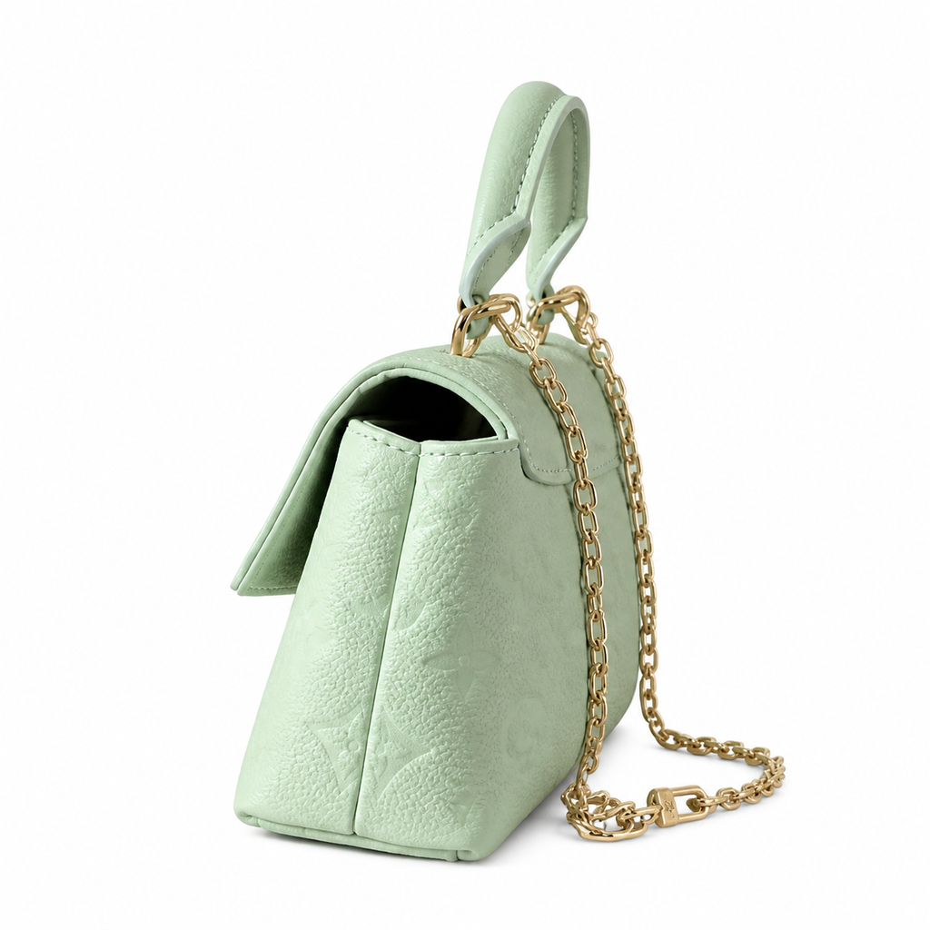 Louis Vuitton Mini Flap — Vert Sauge Empreinte, Gold Chunky Chain, Enamel Trunk Charm & Crystal Pendant