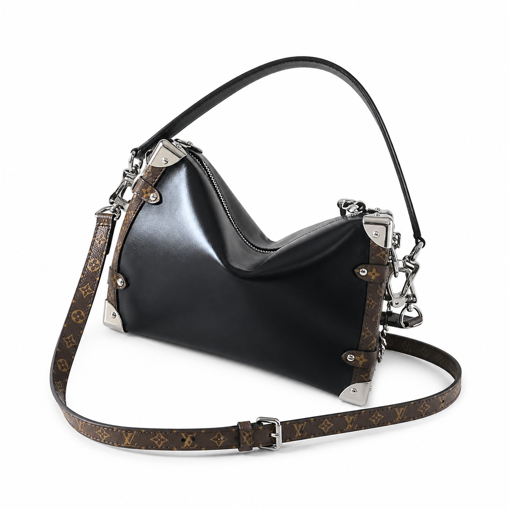 Louis Vuitton Side Trunk MM — Noir Calfskin, Monogram Canvas Frame, Silver V-Lock, Chunky Chain & Dual Closure