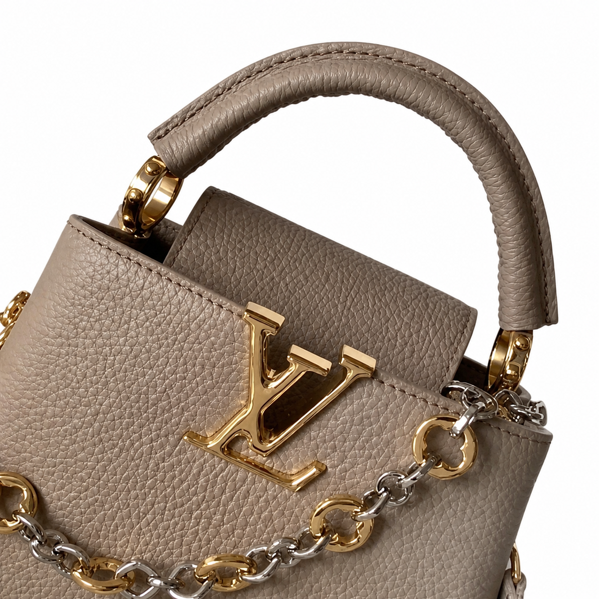 Louis Vuitton Capucines BB — Taurillon Leather in Tourterelle with Gold LV Clasp & Chain