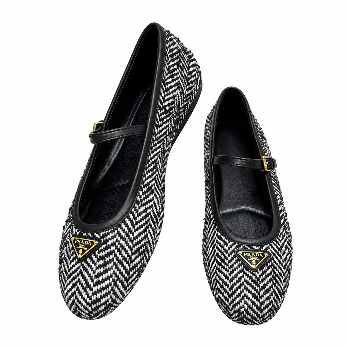 Prada Black Herringbone Mary Jane Ballet Flats