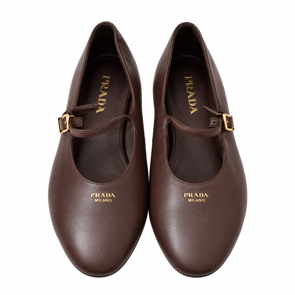 Prada Brown Buckled Mary Jane Ballet Flats
