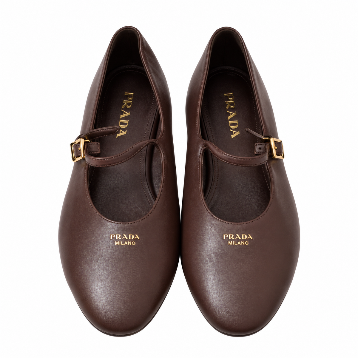 Prada Brown Buckled Mary Jane Ballet Flats