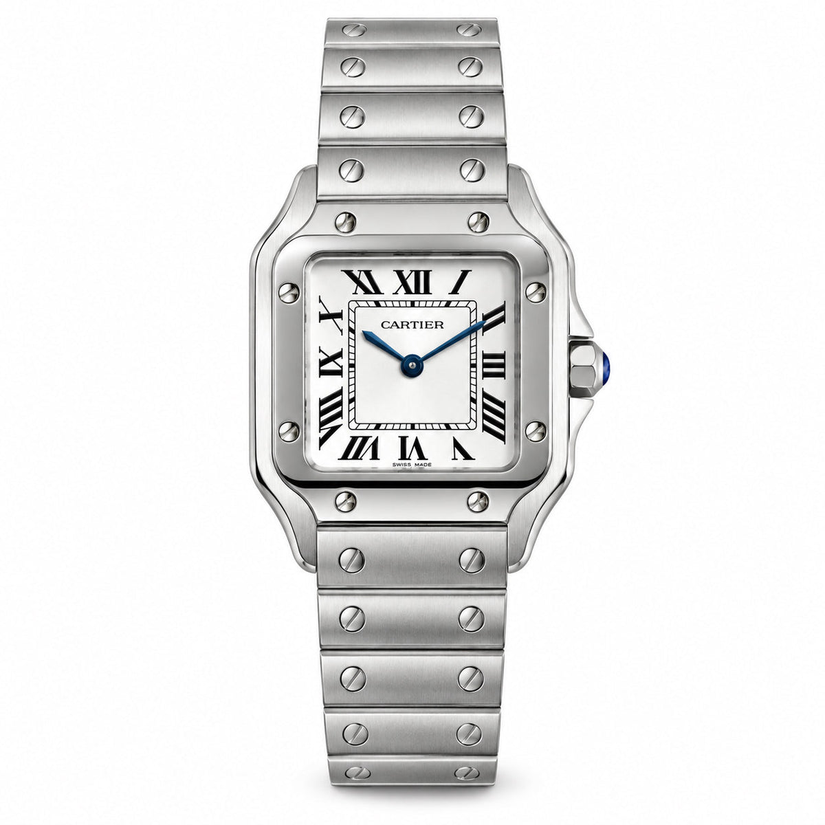 Cartier Santos de Cartier Medium Stainless Steel Ivory White Dial Blued-Steel Hands Quartz Integrated Bracelet QuickSwitch Watch