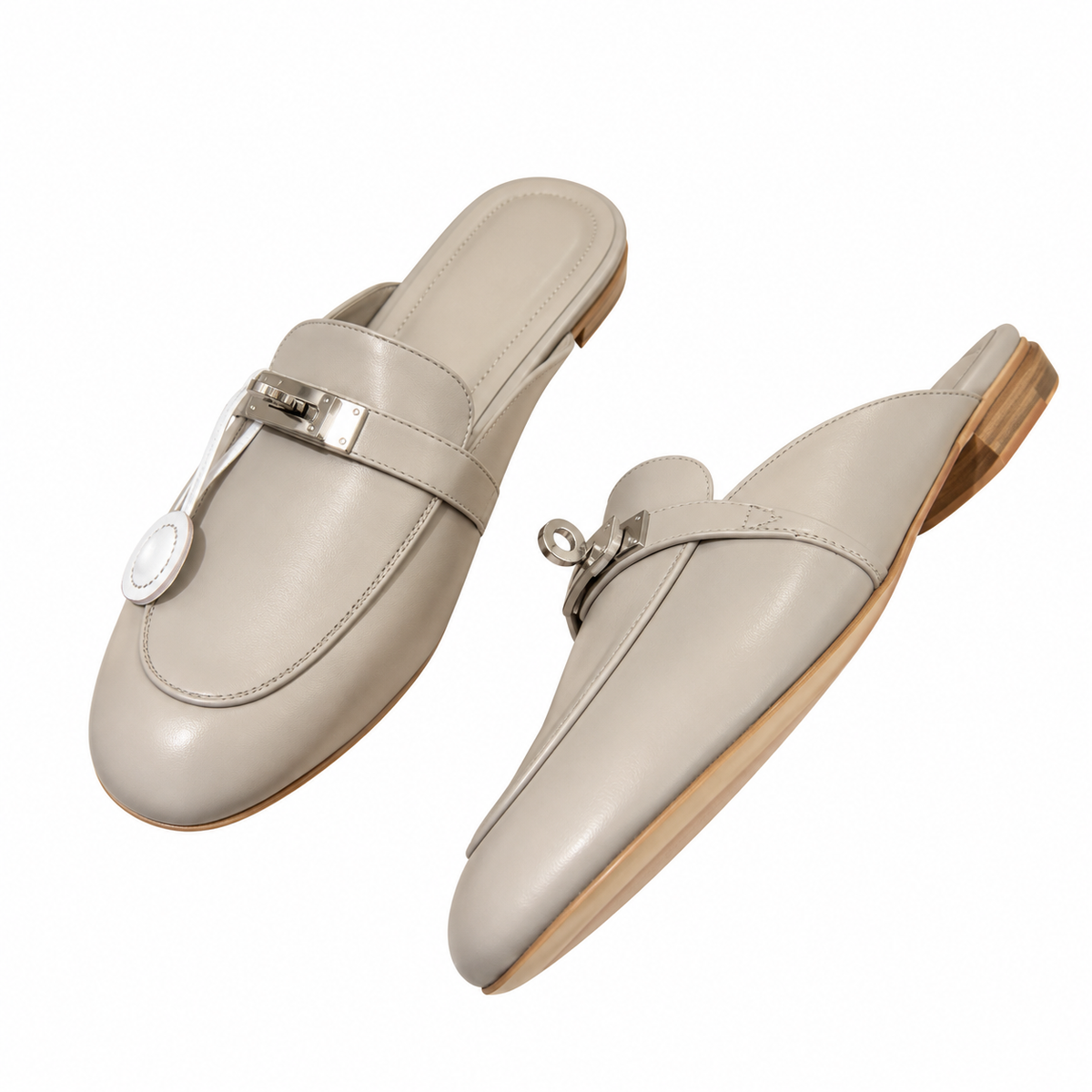 Hermès Light Grey Mules with Silver-Tone Hardware