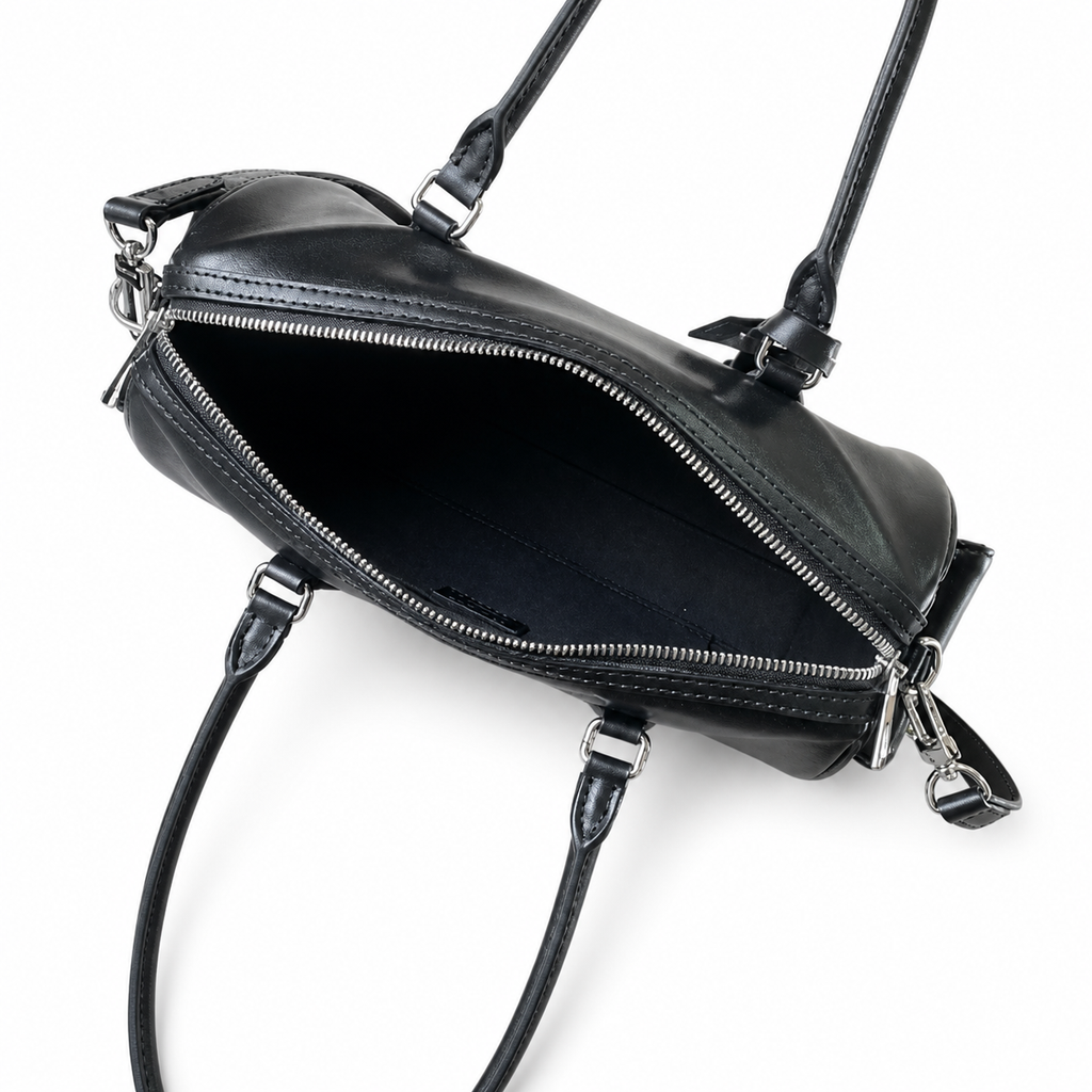 Louis Vuitton Mini Boston — Noir Black Smooth Calfskin, Monogram Canvas Strap, LV Paris Inscription & Luggage Tag