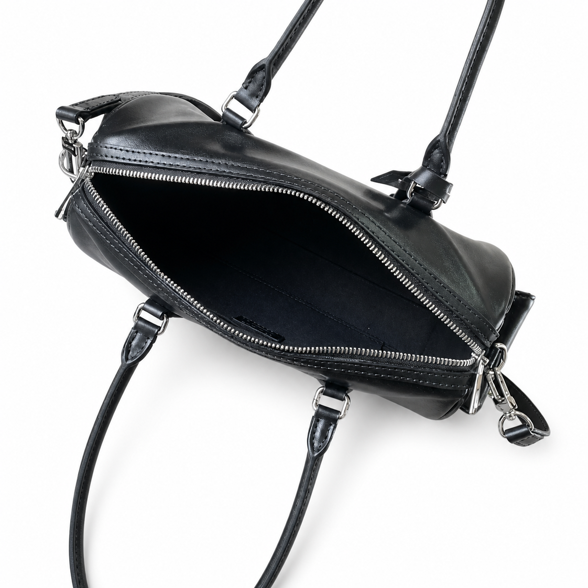 Louis Vuitton Mini Boston — Noir Black Smooth Calfskin, Monogram Canvas Strap, LV Paris Inscription & Luggage Tag