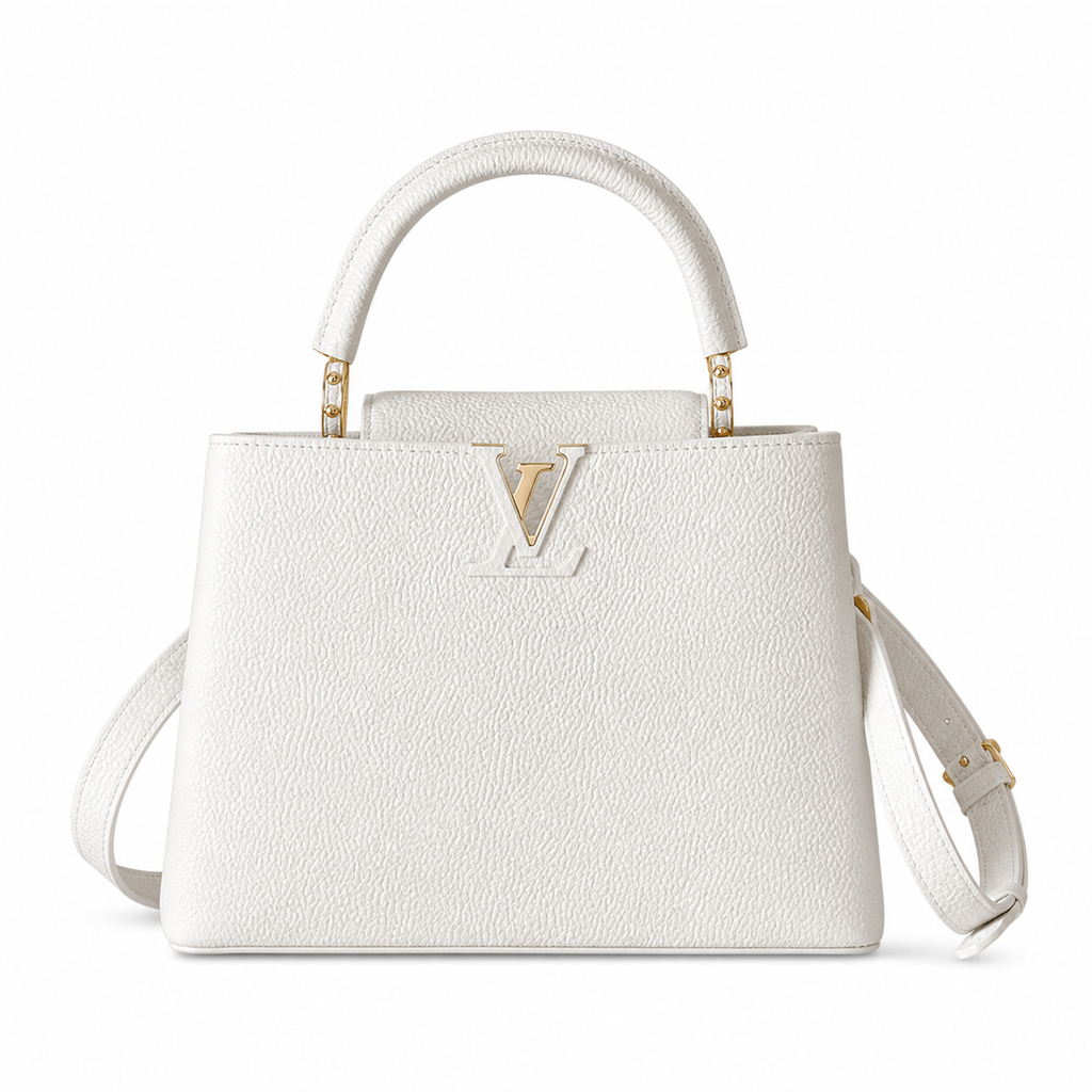 Louis Vuitton Capucines Mini — White Taurillon, Gold LV Clasp & Dome Feet