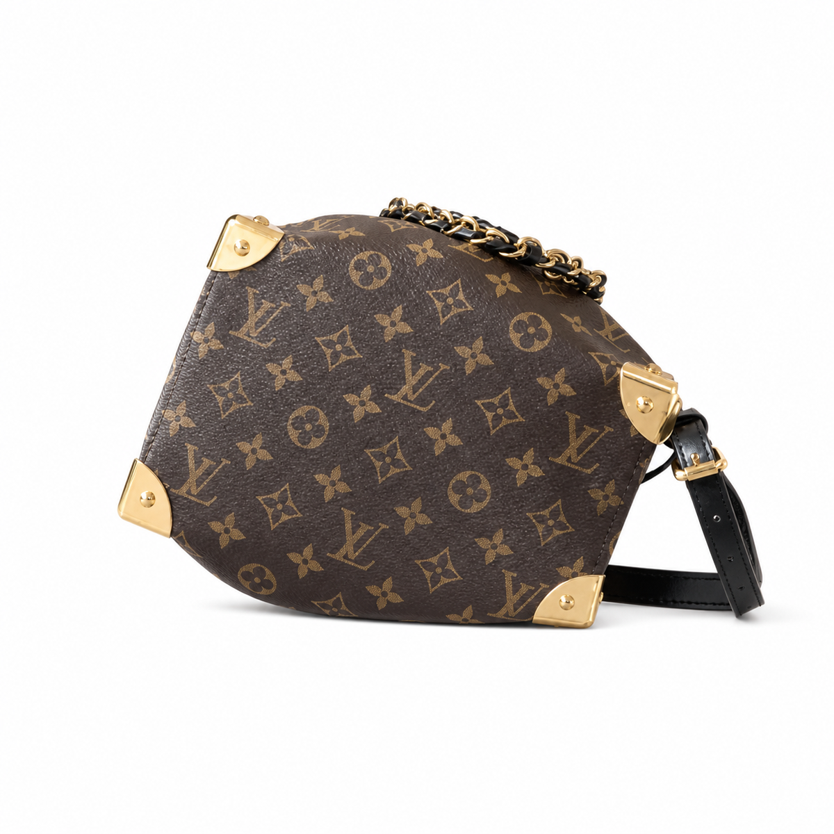 Louis Vuitton Drawstring Bucket — Monogram Canvas, Black Leather Trim, Gold Chain Handle & Corner Guards