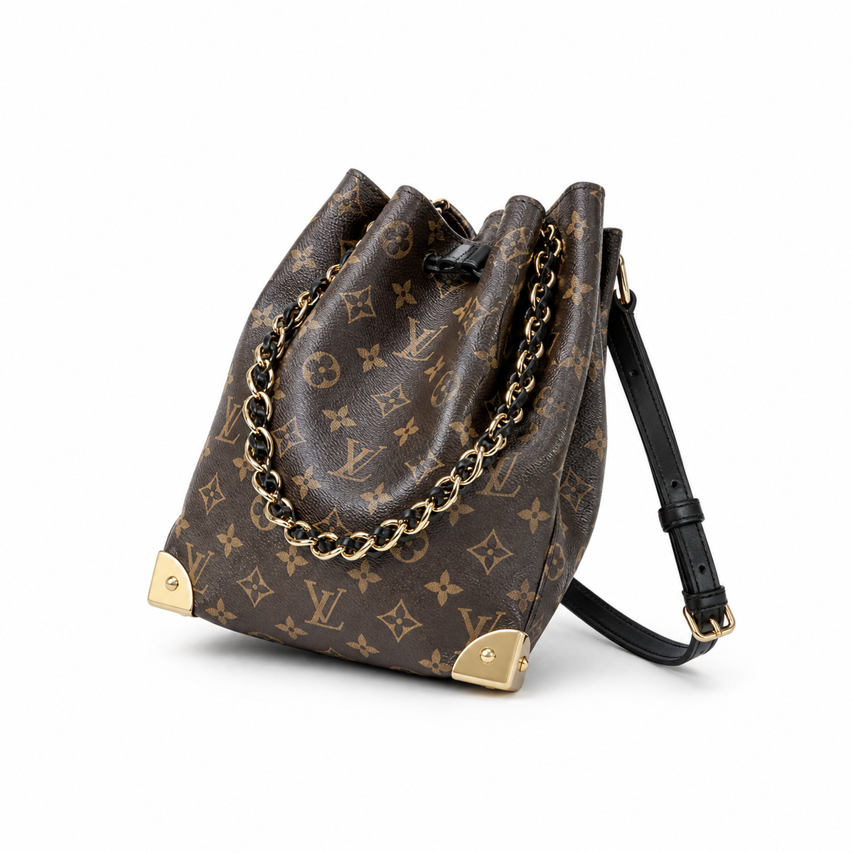 Louis Vuitton Noé BB — Monogram Canvas, Black Leather Trim, Leather-Woven Chain Handle & Black Interior