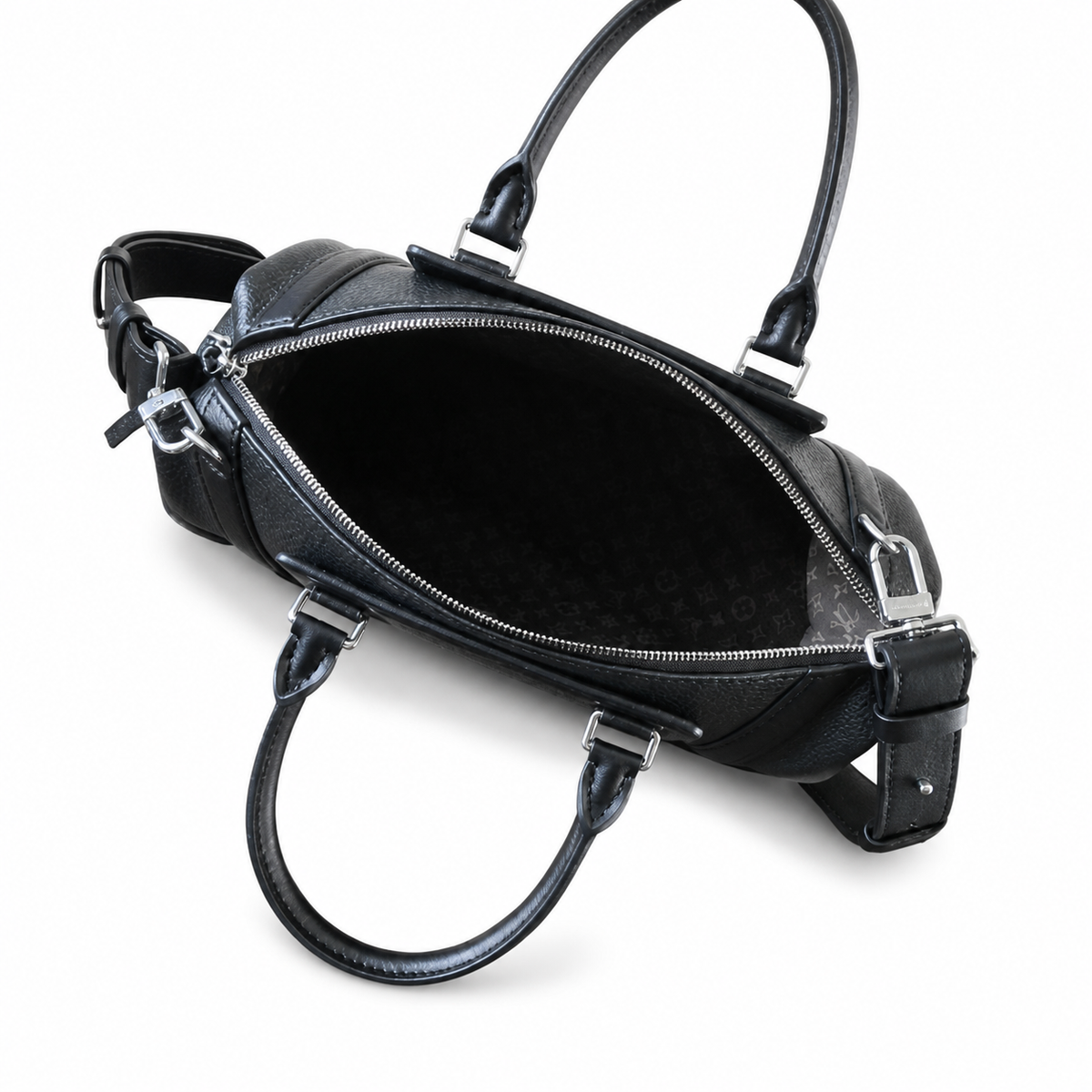 Louis Vuitton Mahina Cylinder — Noir Black Perforated Calfskin, Tonal Racing Stripes & Silver LV Badge
