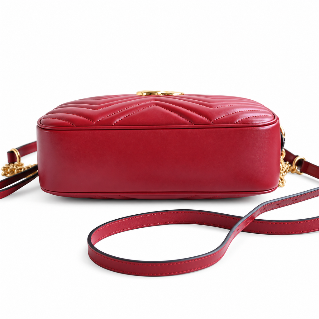 Gucci GG Marmont Small Camera Bag in Hibiscus Red Matelassé