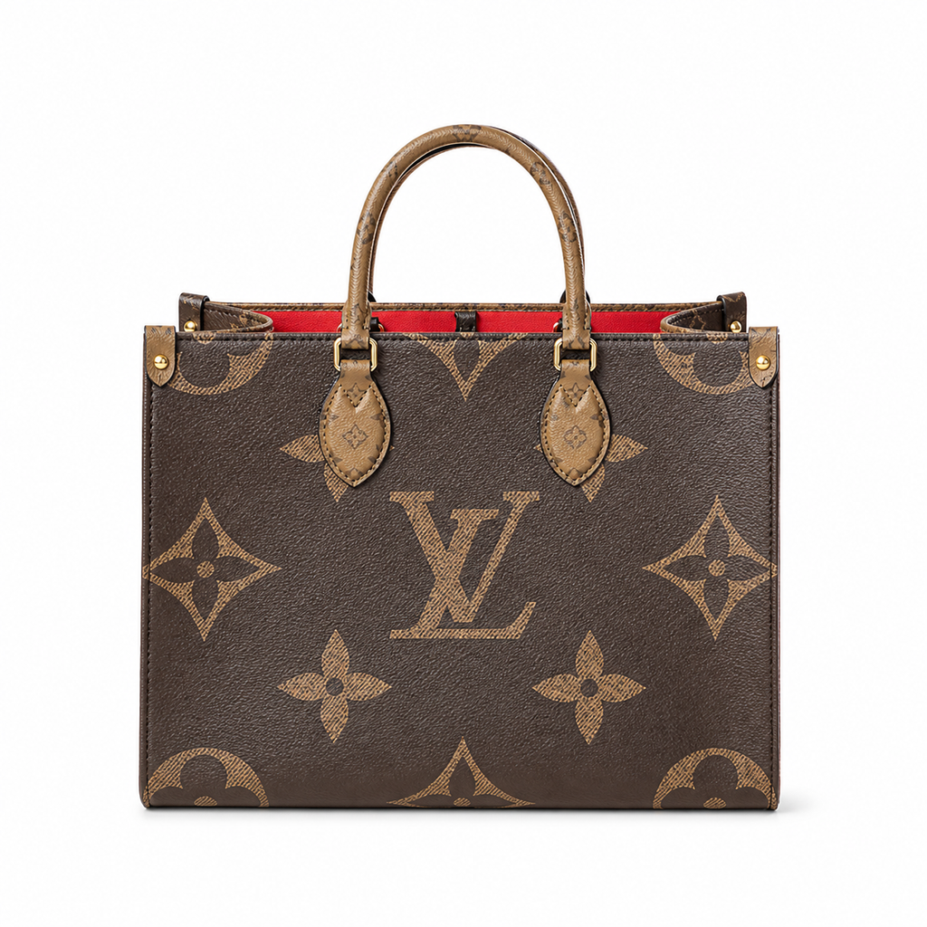 Louis Vuitton Structured Tote — Monogram Canvas, Black Leather Straps & Red Interior