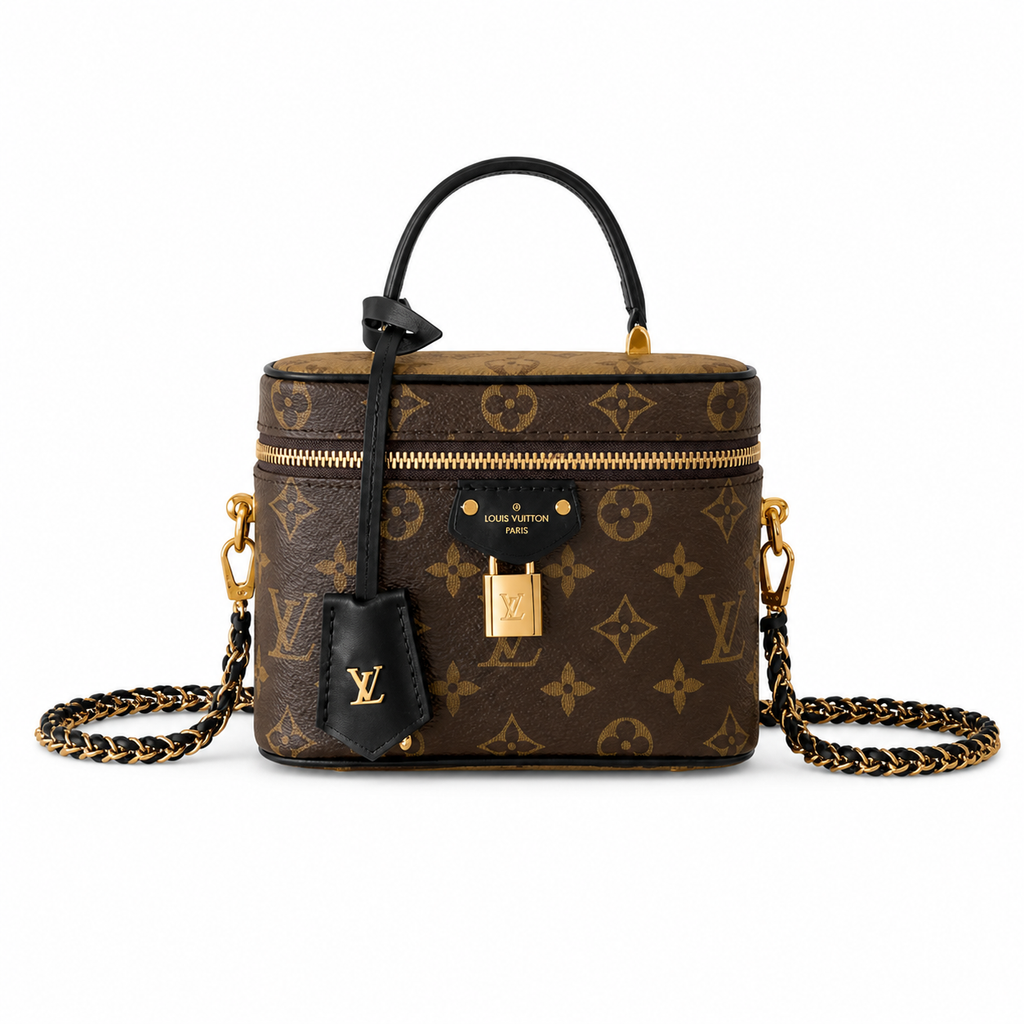 Louis Vuitton Cylinder Vanity — Monogram Canvas, Black Leather-Woven Chain & Gold Ring Clasp
