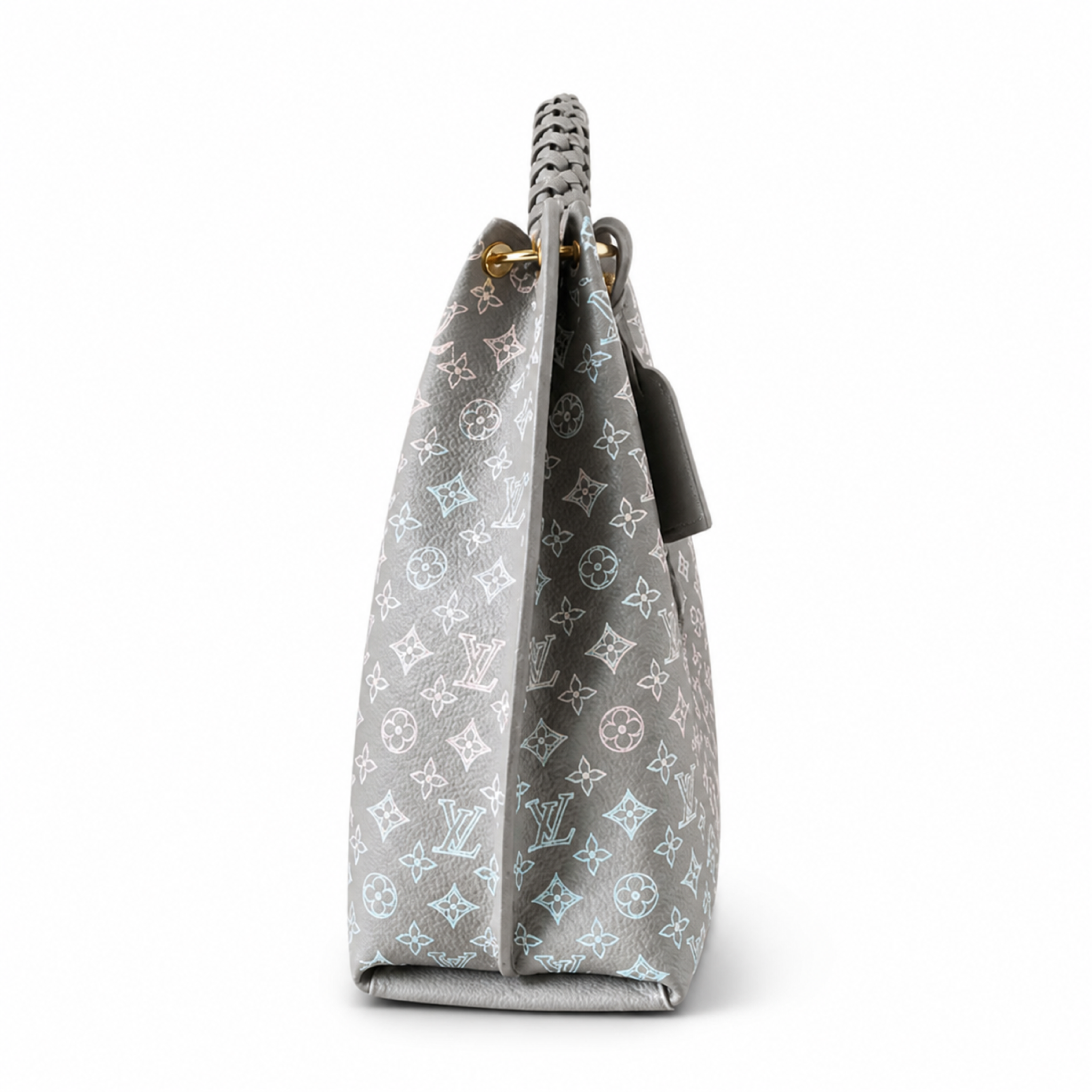 Louis Vuitton Iridescent Hobo — Grey Monogram Canvas, Braided Handle, LV Round Charm & Pink Interior
