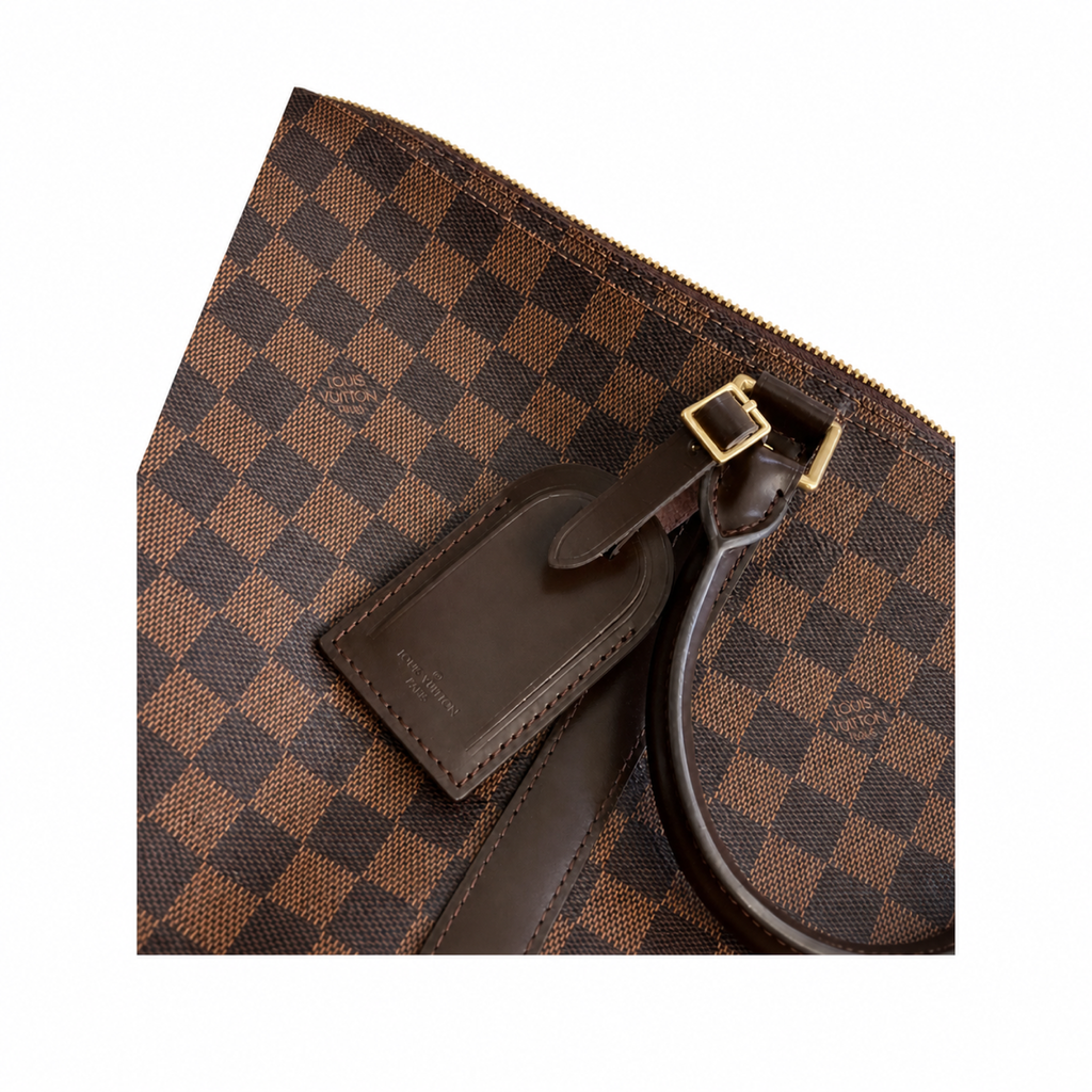Louis Vuitton Keepall Bandoulière 45 — Damier Ébène, Dark Leather Handles & Gold Padlock