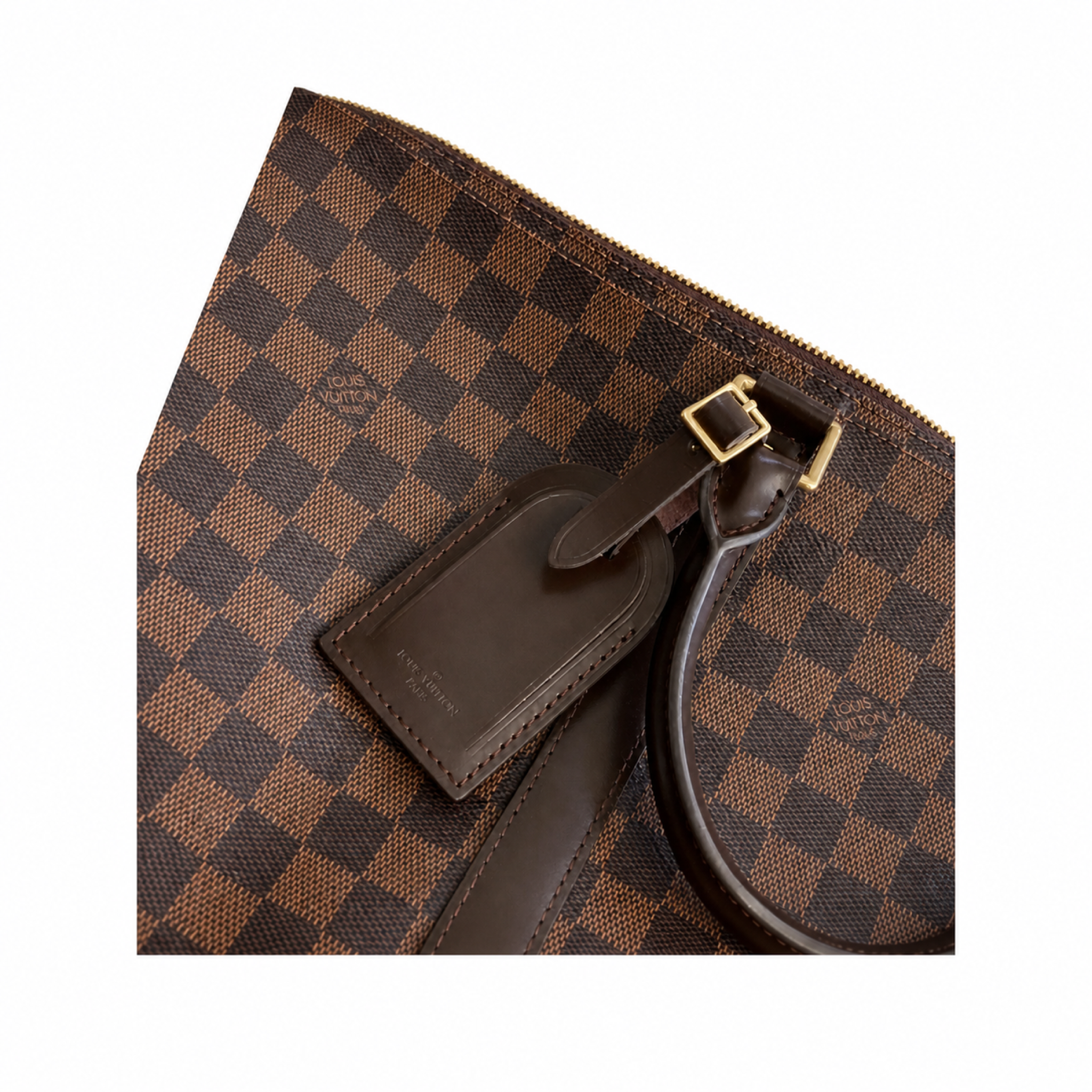 Louis Vuitton Keepall Bandoulière 45 — Damier Ébène, Dark Leather Handles & Gold Padlock