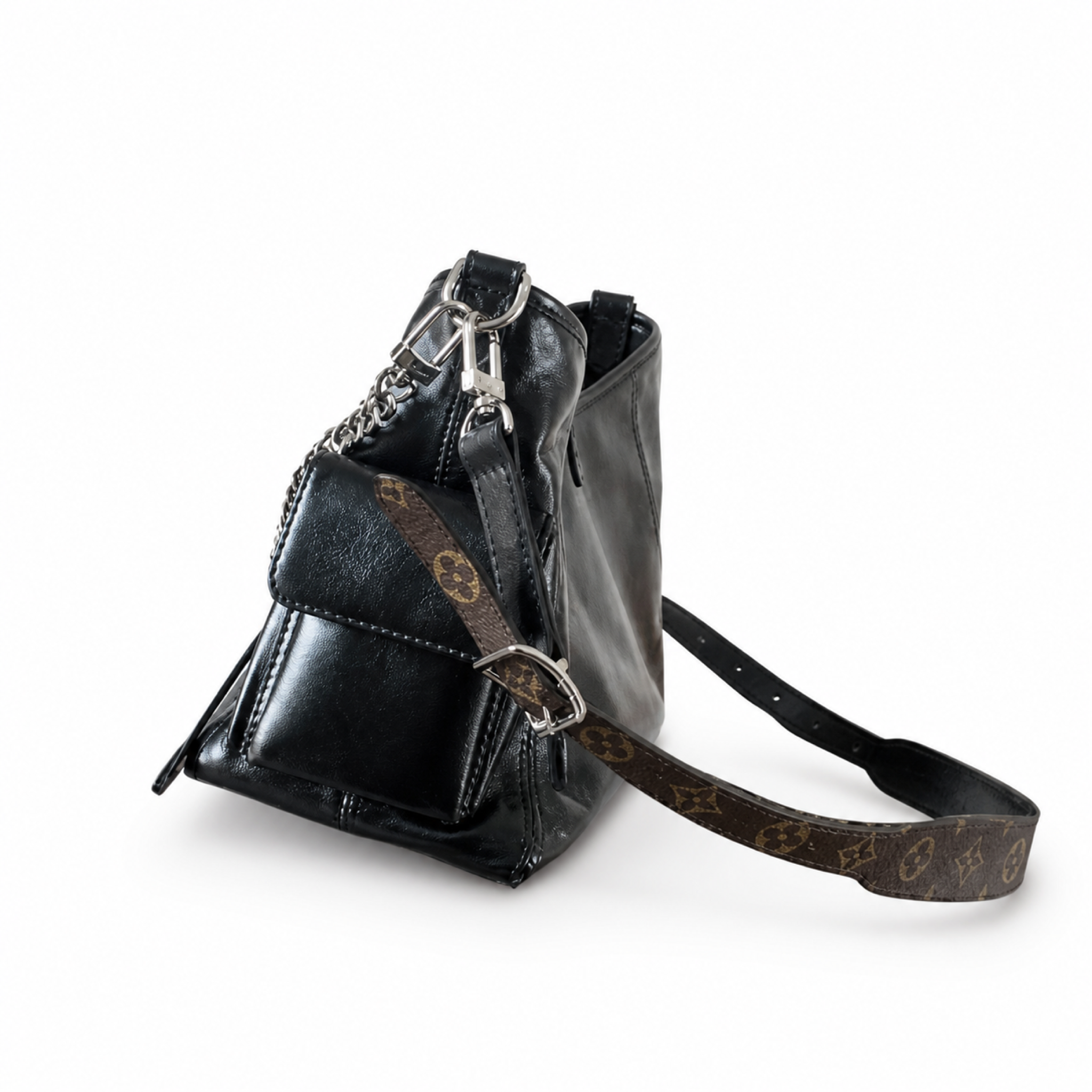 Louis Vuitton Large Shoulder Bag — Noir Glazed Calfskin, Silver Chain Edge Trim & Empreinte Strap