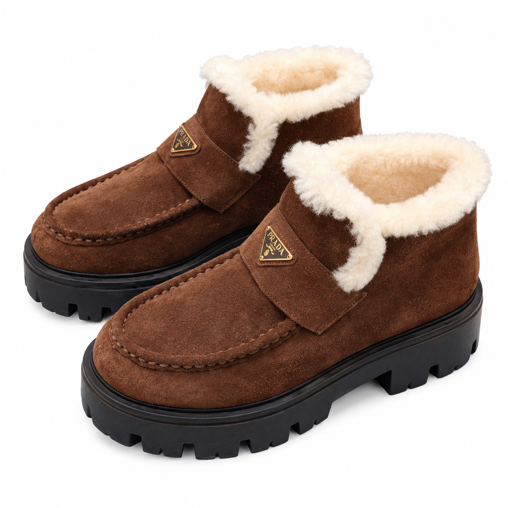 Prada Brown Plush-Trim Lug-Sole Ankle Boots