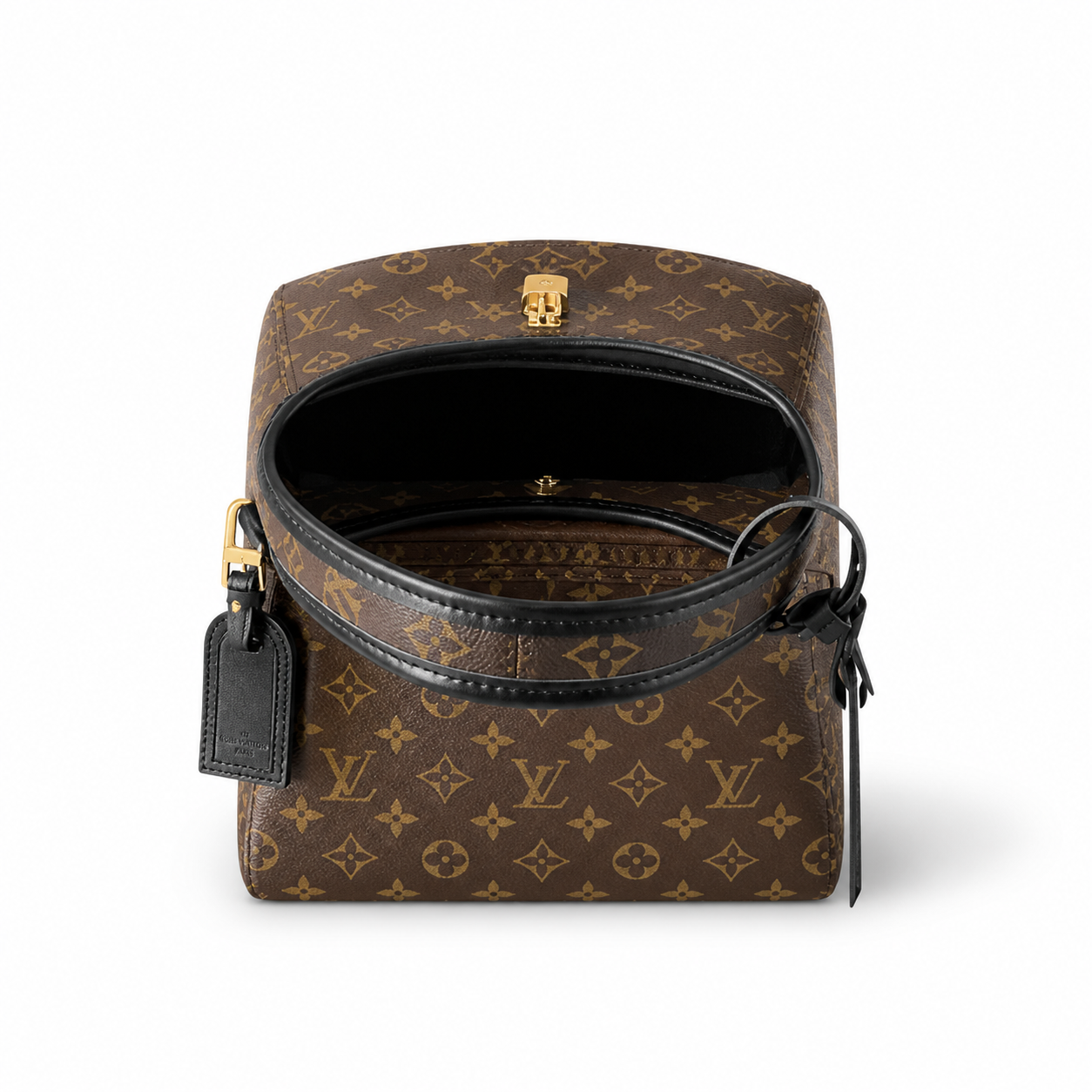 Louis Vuitton Triangle Sling — Monogram Canvas, Black Leather Strap & Gold Hardware