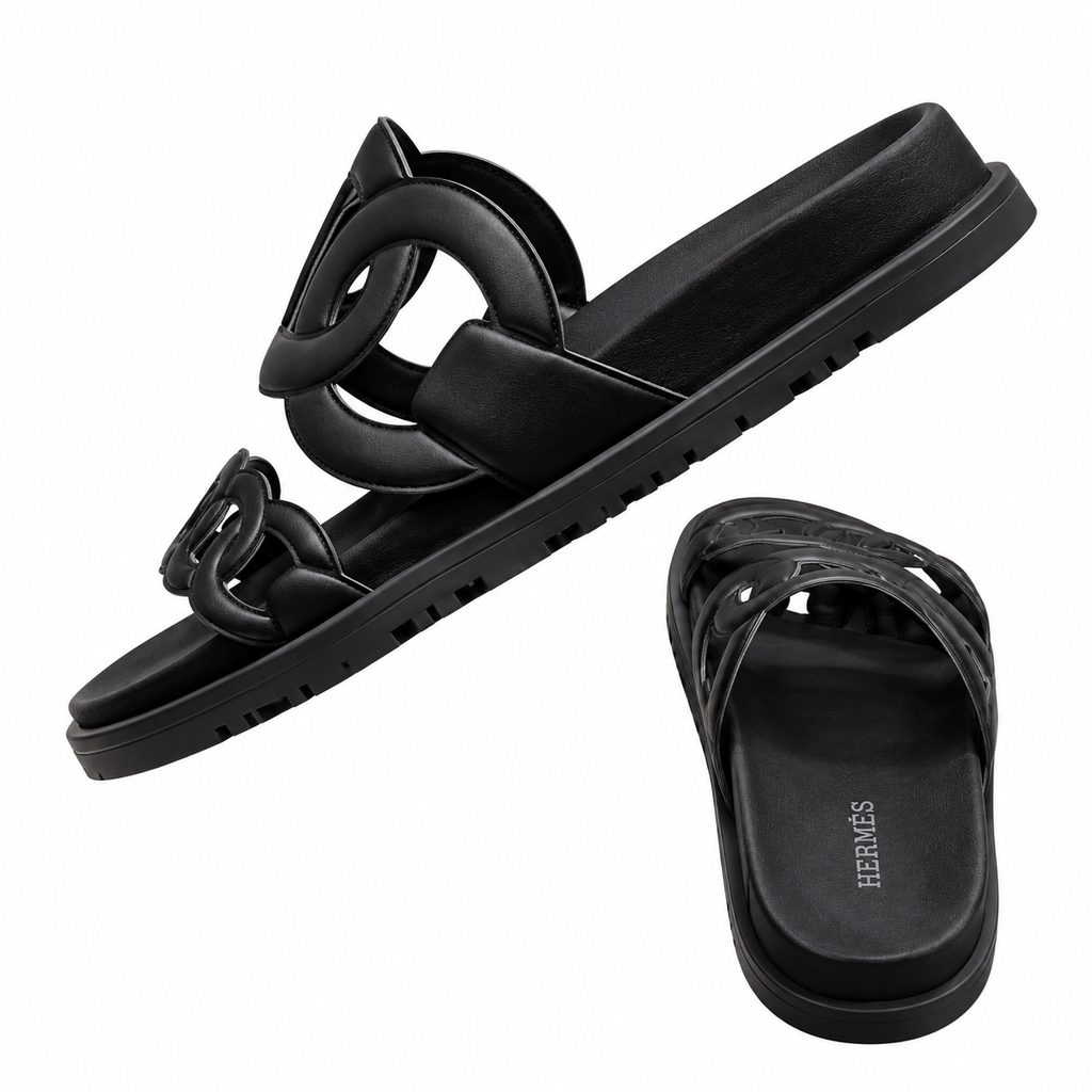 Hermès Black Chain-Link Open Toe Slide Sandals