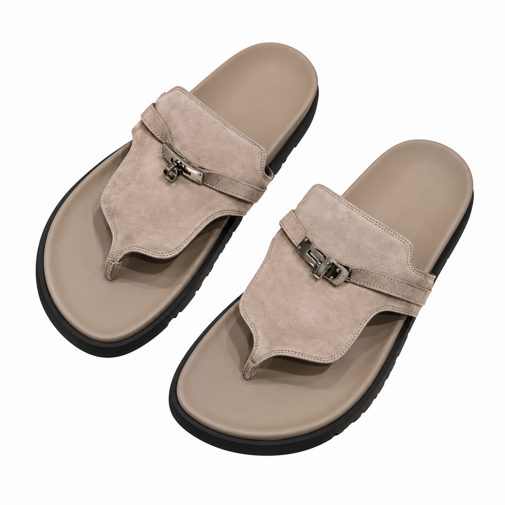 Hermès Taupe Thong Sandals with Silver Buckle
