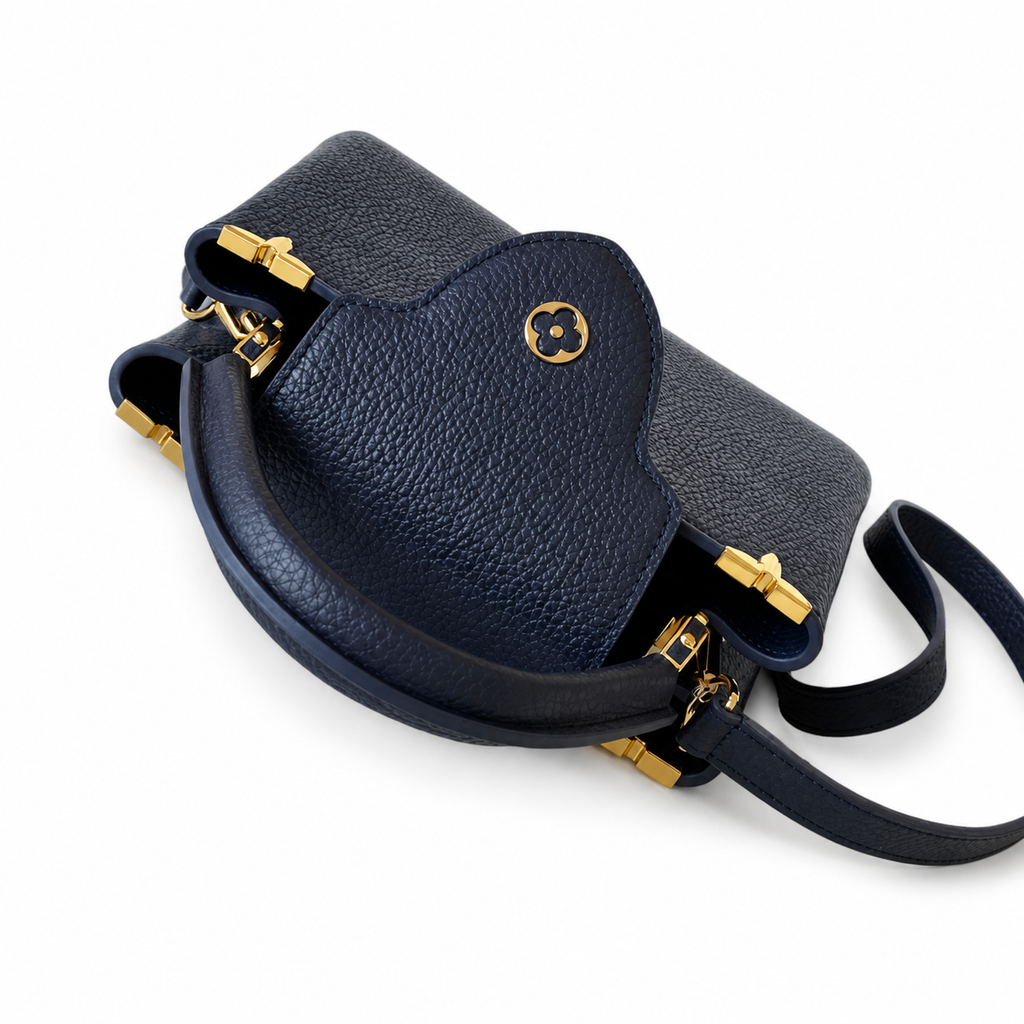 Louis Vuitton Capucines BB — Navy Taurillon, Floral Split LV Clasp & Petal Studs