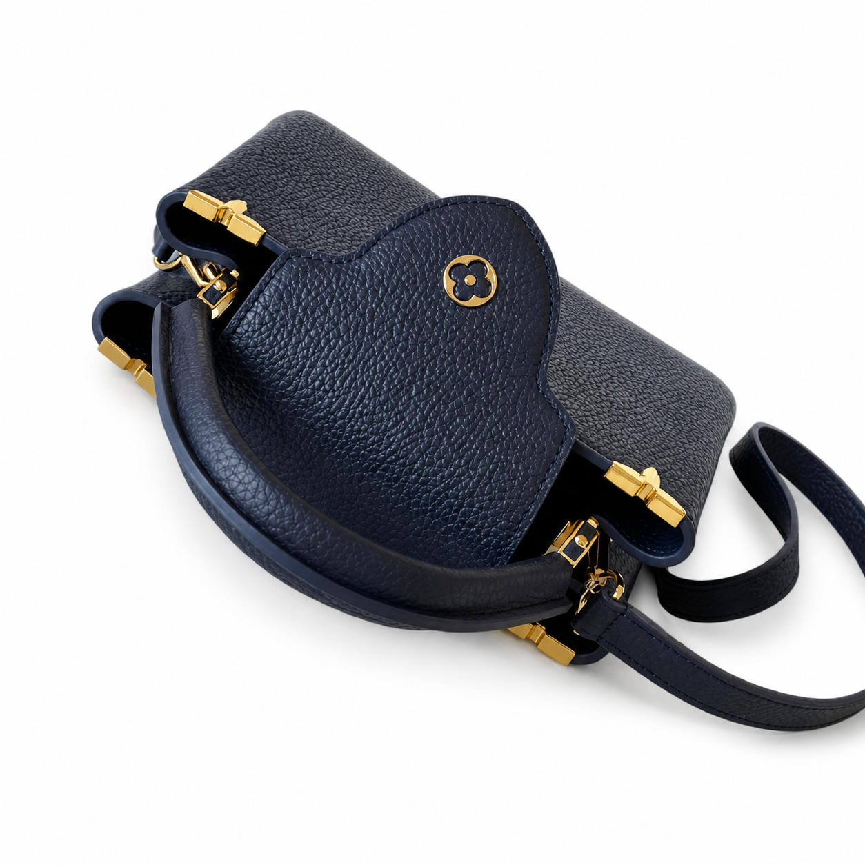 Louis Vuitton Capucines BB — Navy Taurillon, Floral Split LV Clasp & Petal Studs