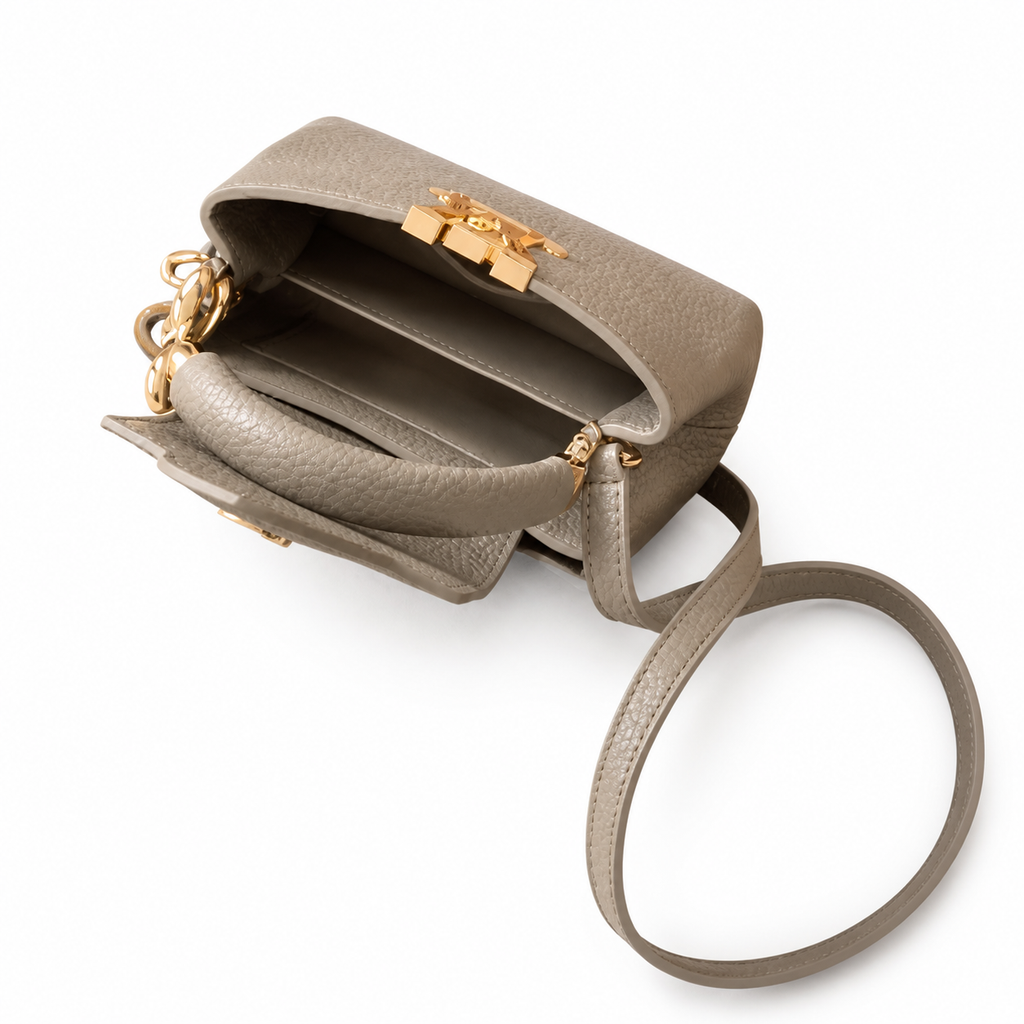 Louis Vuitton Capucines Mini — Taurillon Leather in Tourterelle with Gold Chain Handle & Flower Lock