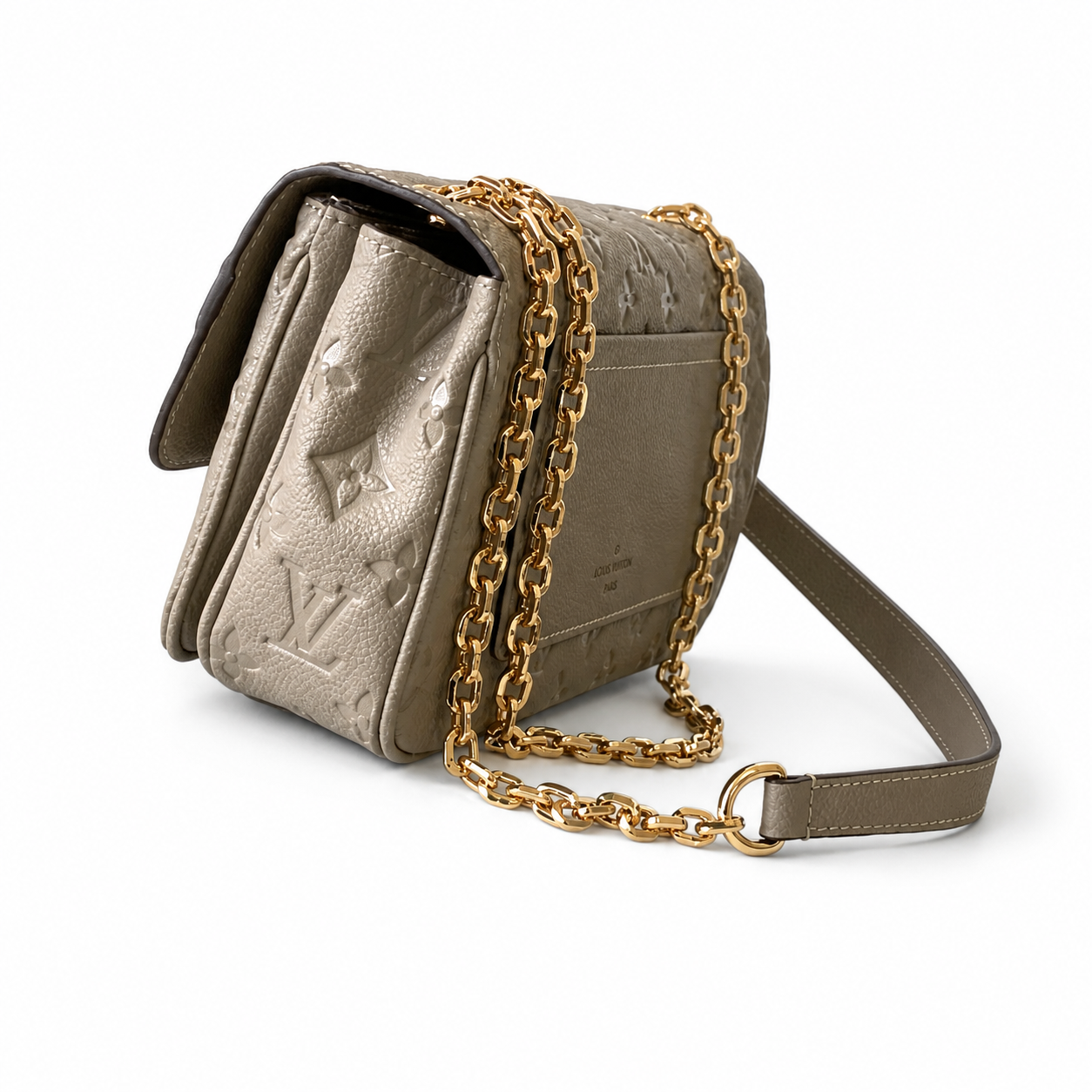 Louis Vuitton Flap Chain Bag — Taupe Empreinte, Square Push-Lock & Chunky Gold Chain