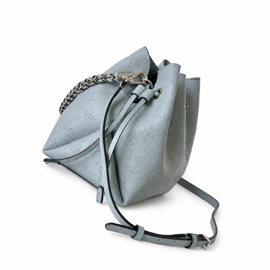 Louis Vuitton Mahina Mini Bucket — Bleu Glacier Perforated, Braided Chain Handle & Round Coin Purse Set