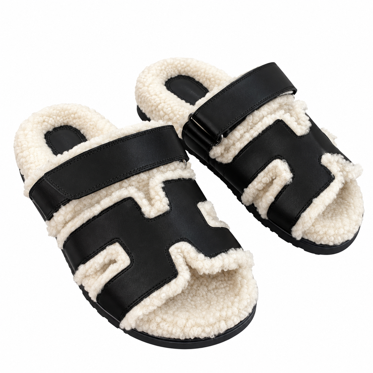 Hermès Black H-Strap Slides with Cream Trim