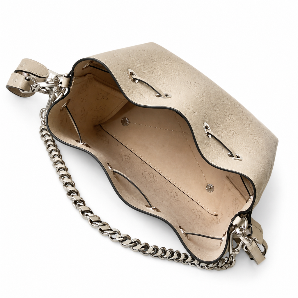 Louis Vuitton Mahina Mini Bucket — Crème Ivoire Perforated, Silver Chain, Drawstring & Round Coin Purse Set