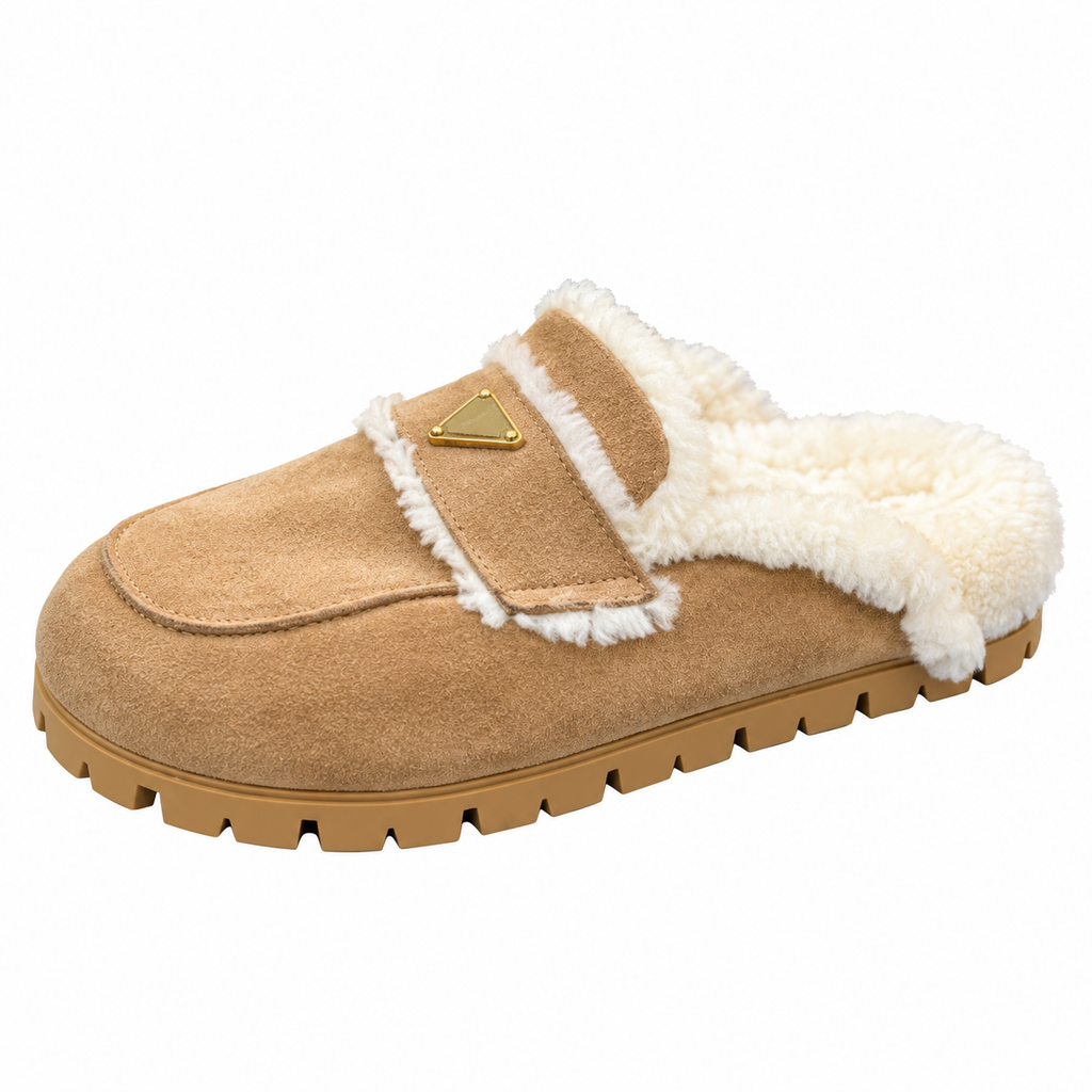 Prada Camel Plush-Trim Lug-Sole Loafer Mules