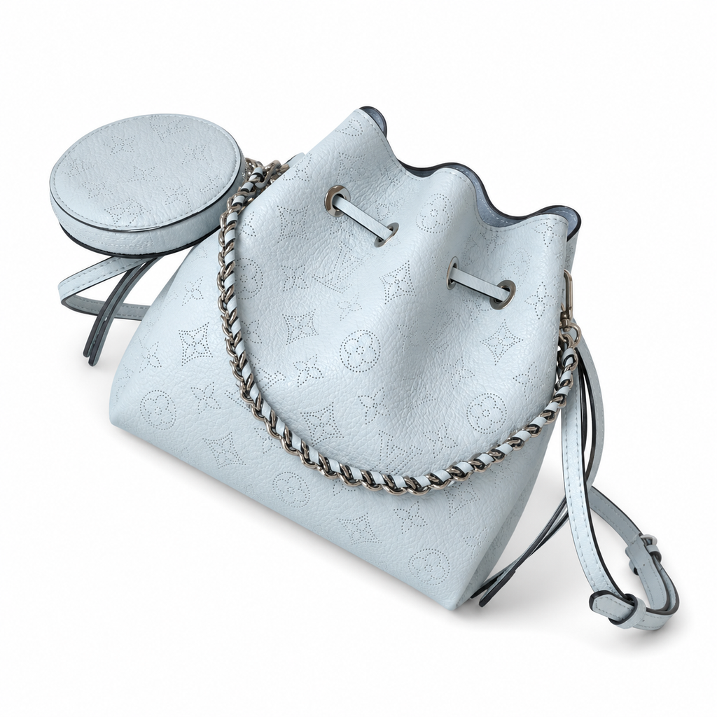 Louis Vuitton Mahina Mini Bucket — Bleu Glacier Perforated, Dual Leather Straps & Silver Ring Hardware