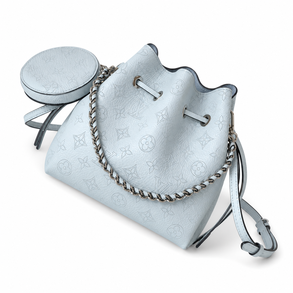 Louis Vuitton Mahina Mini Bucket — Bleu Glacier Perforated, Dual Leather Straps & Silver Ring Hardware