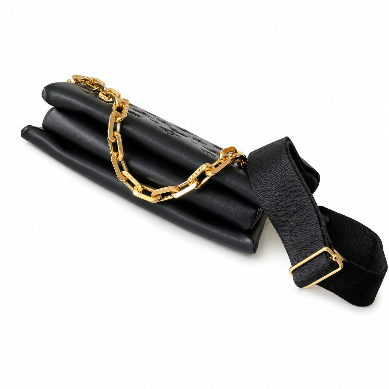 Louis Vuitton Coussin — Black Empreinte Lambskin, 3D Monogram, Fabric Strap & Gold Chain Connector