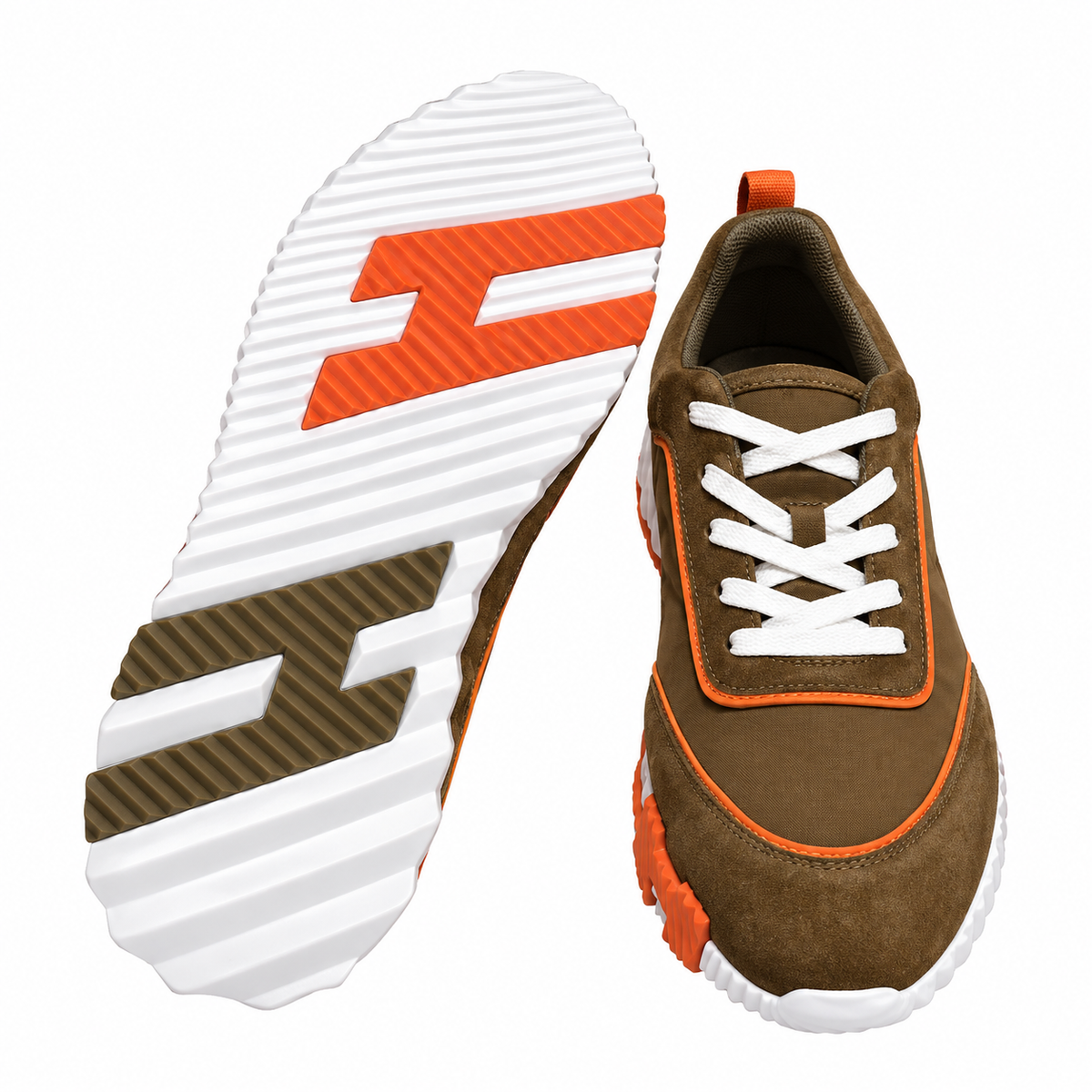 Hermès Olive Brown and Orange Low-Top Sneakers