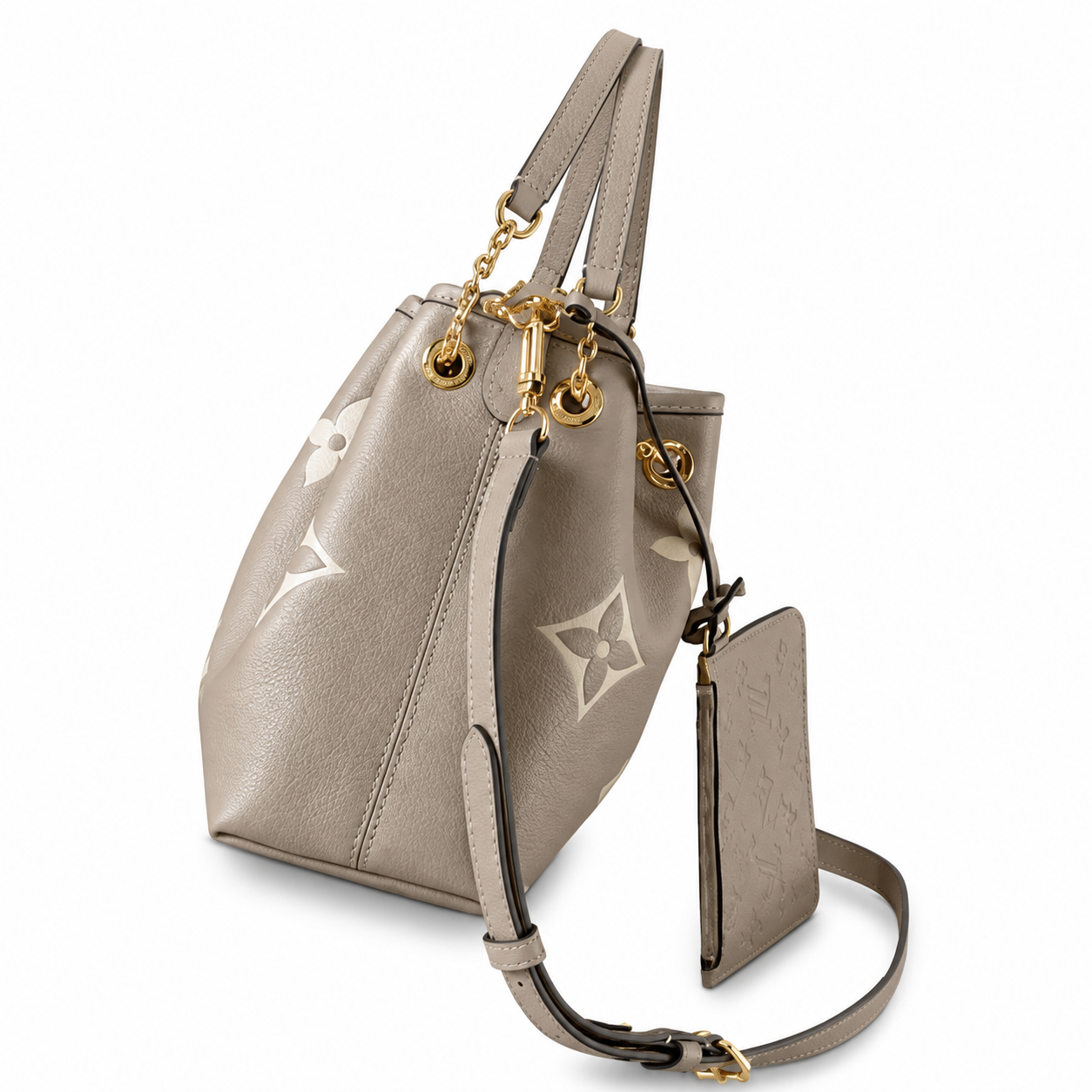 Louis Vuitton NéoNoé MM — Tourterelle Grey Giant Empreinte, Gold Chain & Single Grey Handle
